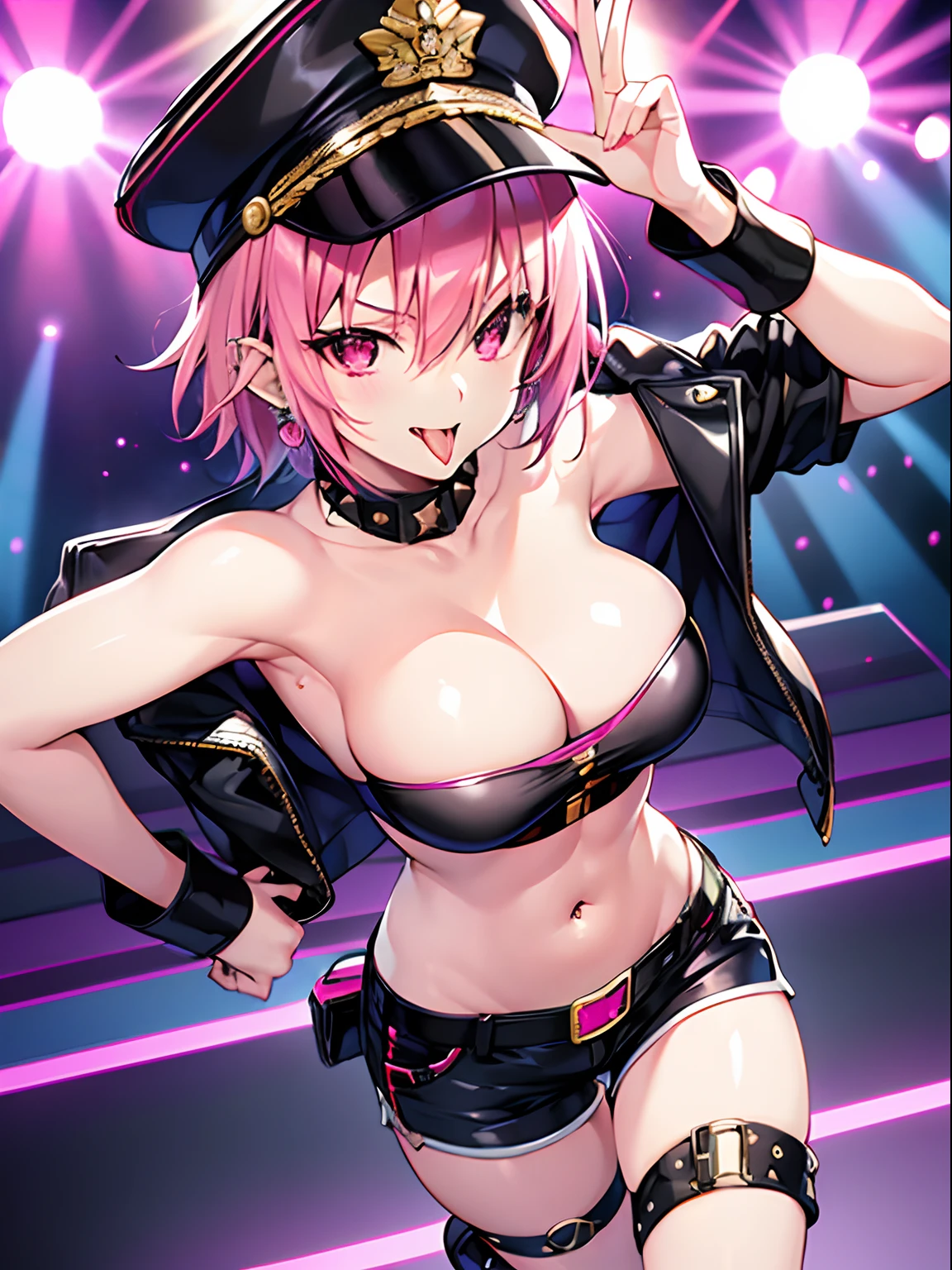 Highly detailed and realistic CG, Colorful , masutepiece, Best Quality, 1girl, pink hair, shiny hair, short hair, red eyes, shiny eyes, crazy smile, evil smile, skinny legs, contrapposto, standing, tube top, strapless, shorts, spiky boots, spiky wristband, idol concert, on stage, Live performance, open mouth, midriff, navel, black jacket, black military cap, tongue out, long tongue, tongue splitting, tongue piercing, hand on hip, stylish pose, spotlight, thigh strap, flashy earrings, fang, from above,