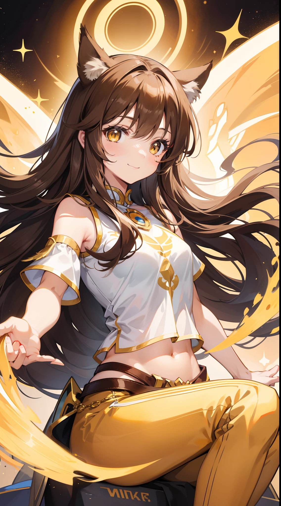 young girl, Long brown hair, cat ears, Yellow eyes, Smile, Brown tight upper, pants, diadem, Gold Elements, She-ra, Masterpiece, hiquality, 4k, HD, Good detail