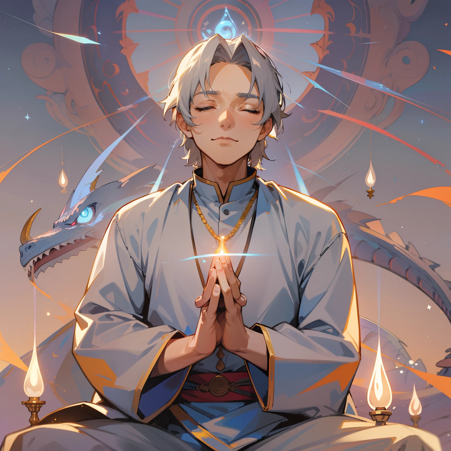 1 adult, ((Adult)), Eyes closed, Grey Hair, Indian Dresses, Praying, ((Light Energy Aura)), ((man)), ((Adult)), 50 years old, Anime ,A young man、Blue background、Blue Dragon Behind、Mystical、blue backdrop、Dragon God、Stars and Moon