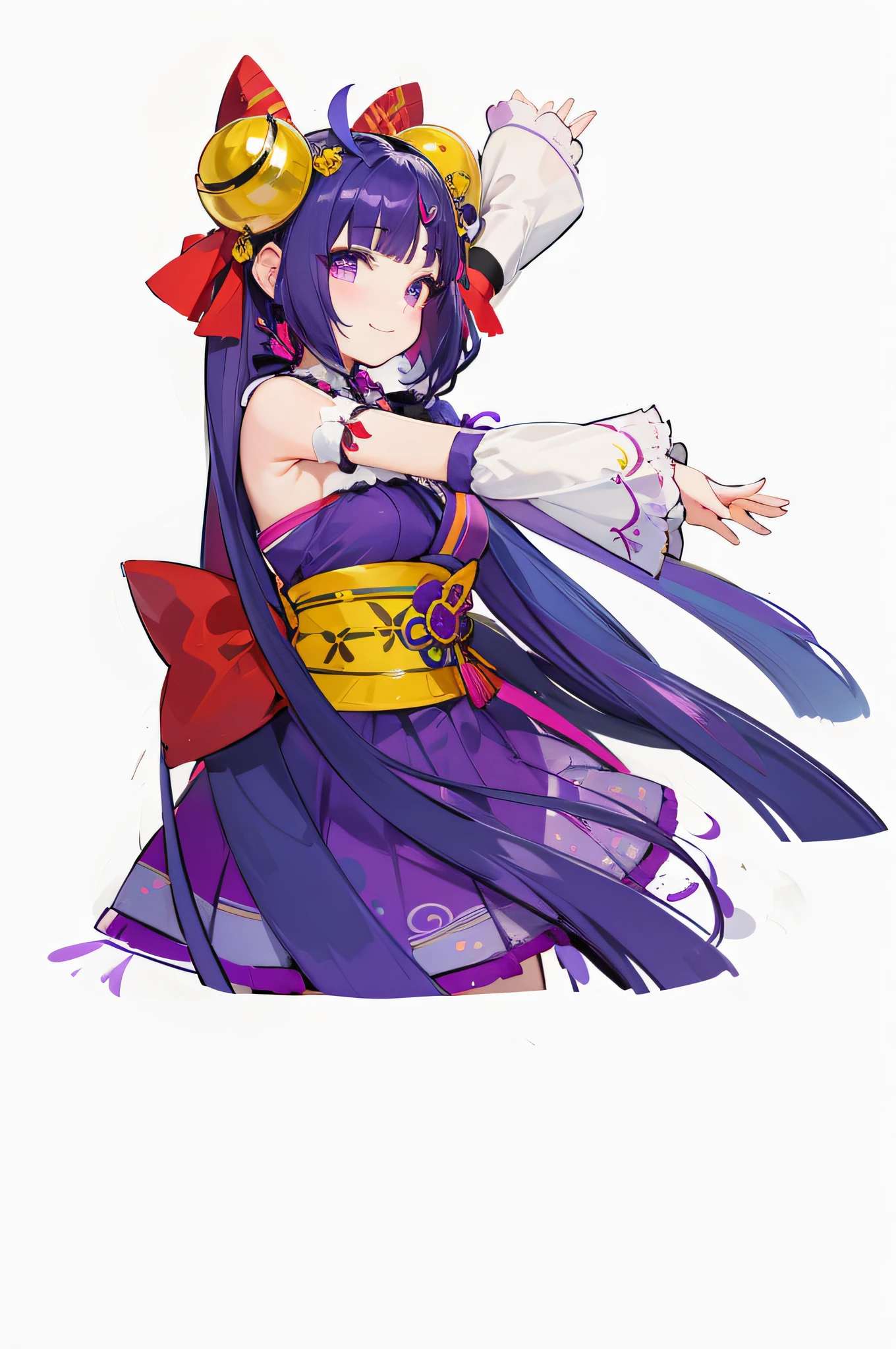 infp young woman, Brilliantly put together, Superbly composed、smile, purple hair, bell hair ornament with ribbon, twintails, arms spread, kimono, cute and lively idol