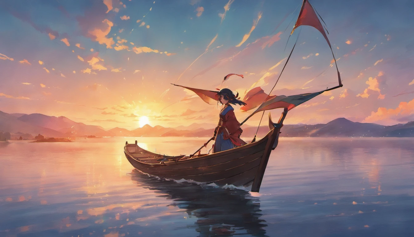 Draw boats in lakes with mountains and sun, Metal sails，dreamlike digital painting, fantasy digital painting, fantasy. gondola boat, Chinese style painting, digital cartoon painting art, glossy digital painting, Chinese painting style, Digital fantasy painting, 8k resolution digital painting, 8 k resolution digital painting, Fantasy landscape painting, A beautiful artwork illustration, 4 k digital painting