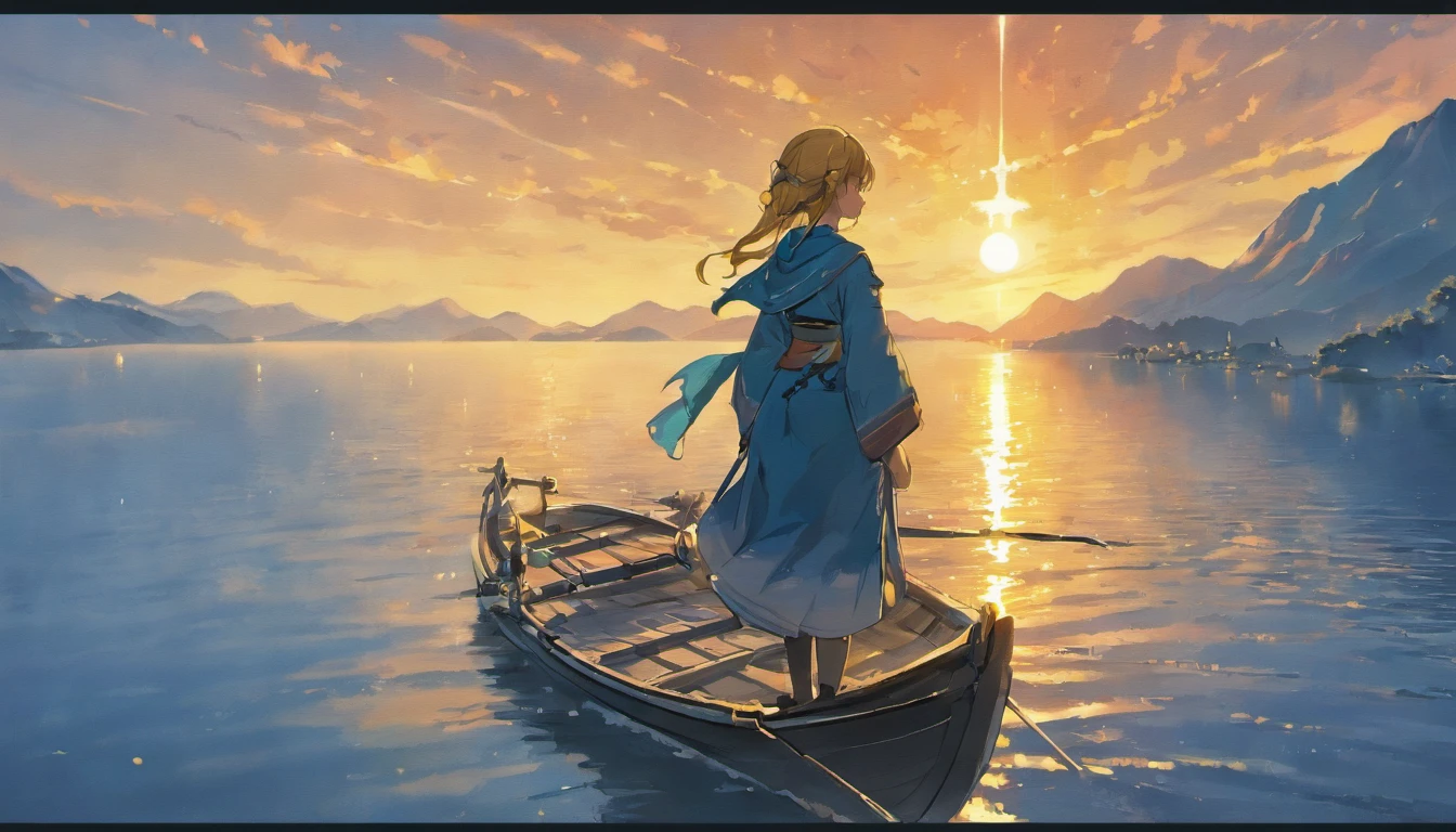 Draw boats in lakes with mountains and sun, Metal sails，dreamlike digital painting, fantasy digital painting, fantasy. gondola boat, Chinese style painting, digital cartoon painting art, glossy digital painting, Chinese painting style, Digital fantasy painting, 8k resolution digital painting, 8 k resolution digital painting, Fantasy landscape painting, A beautiful artwork illustration, 4 k digital painting