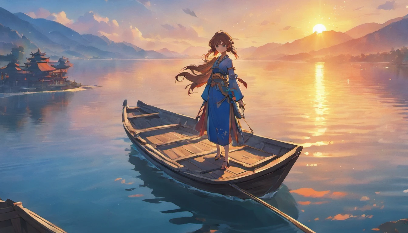 Draw boats in lakes with mountains and sun, Metal sails,dreamlike digital painting, fantasy digital painting, fantasy. gondola boat, Chinese style painting, digital cartoon painting art, glossy digital painting, Chinese painting style, Digital fantasy painting, 8k resolution digital painting, 8 k resolution digital painting, Fantasy landscape painting, A beautiful artwork illustration, 4 k digital painting