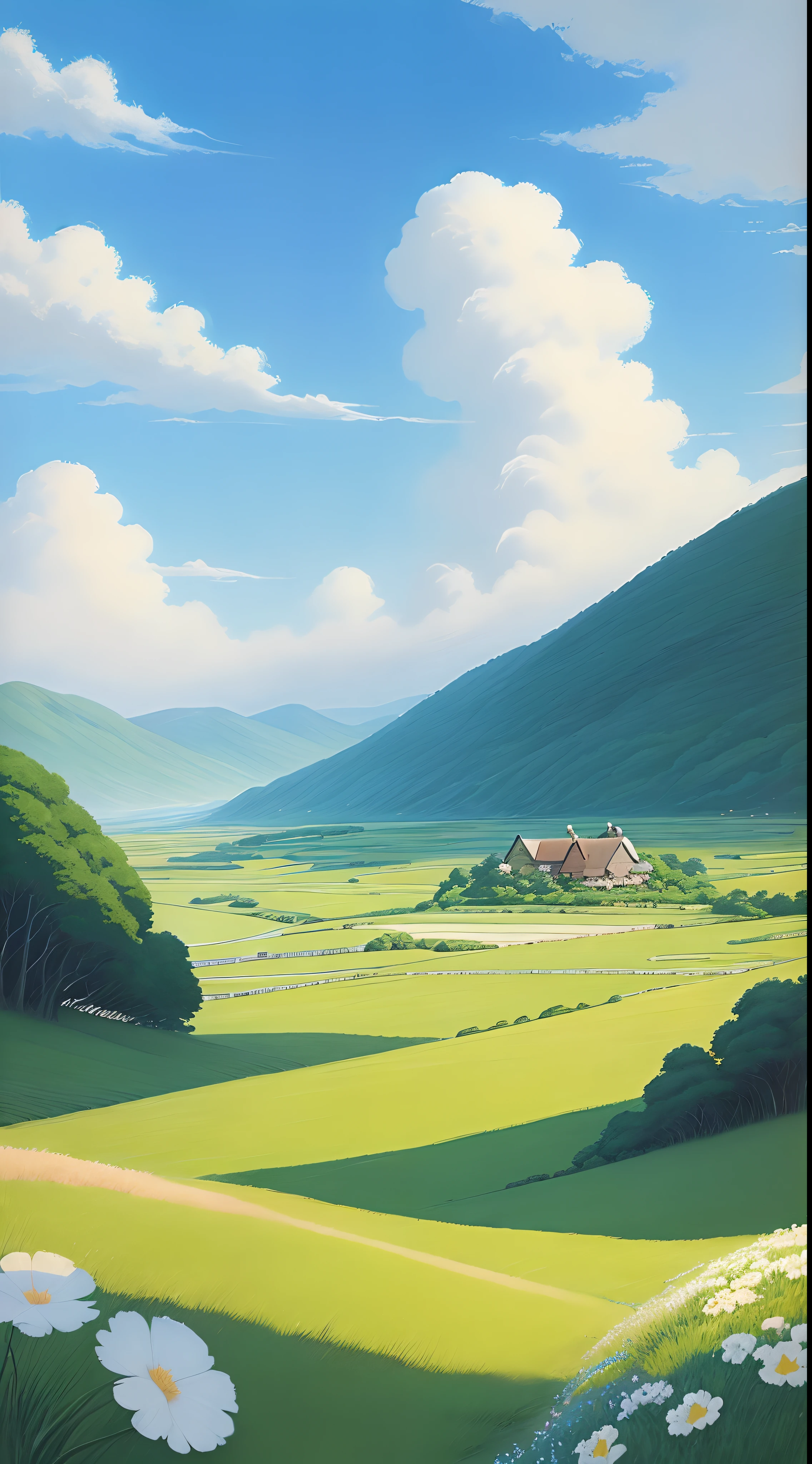 Realistic, authentic, beautiful and amazing landscape oil painting Studio Ghibli Hayao Miyazaki's petal grassland with blue sky and white clouds --v6