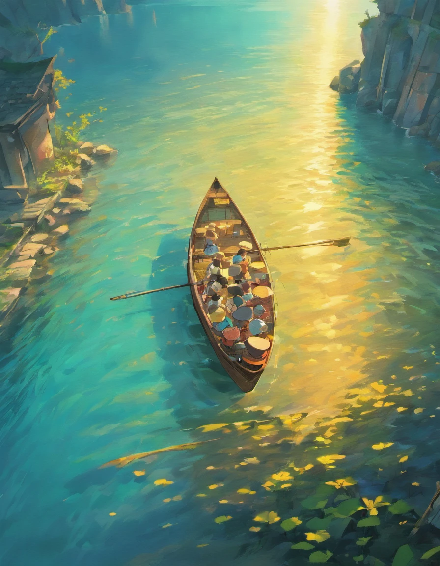 Draw boats in lakes with mountains and sun,dreamlike digital painting, fantasy digital painting, fantasy. gondola boat, Chinese style painting, digital cartoon painting art, glossy digital painting, Chinese painting style, Digital fantasy painting, 8k resolution digital painting, 8 k resolution digital painting, Fantasy landscape painting, A beautiful artwork illustration, 4 k digital painting