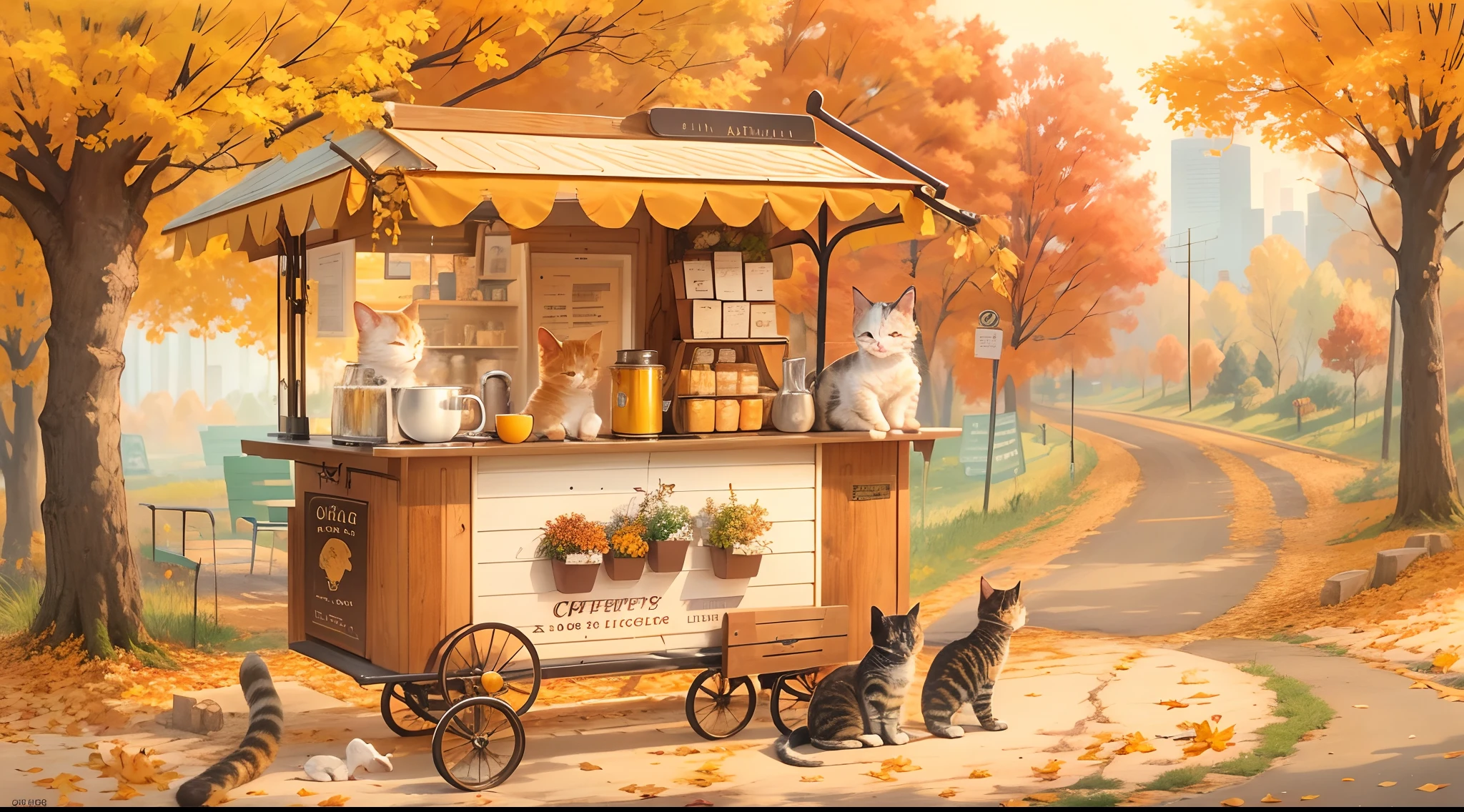 Kitten selling coffee in a coffee cart，autumnal，Golden deciduous forest roadside，Hazel coffee trolley，The cart reads COFFEE，White kitten making coffee in the car，There are orange kittens and black kittens on the side of the road，Some stand on tree stumps，Golden autumn，Excellent picture quality，Cute cartoon kitten，exquisite detailing，Painting masterpiece，Rich in color，