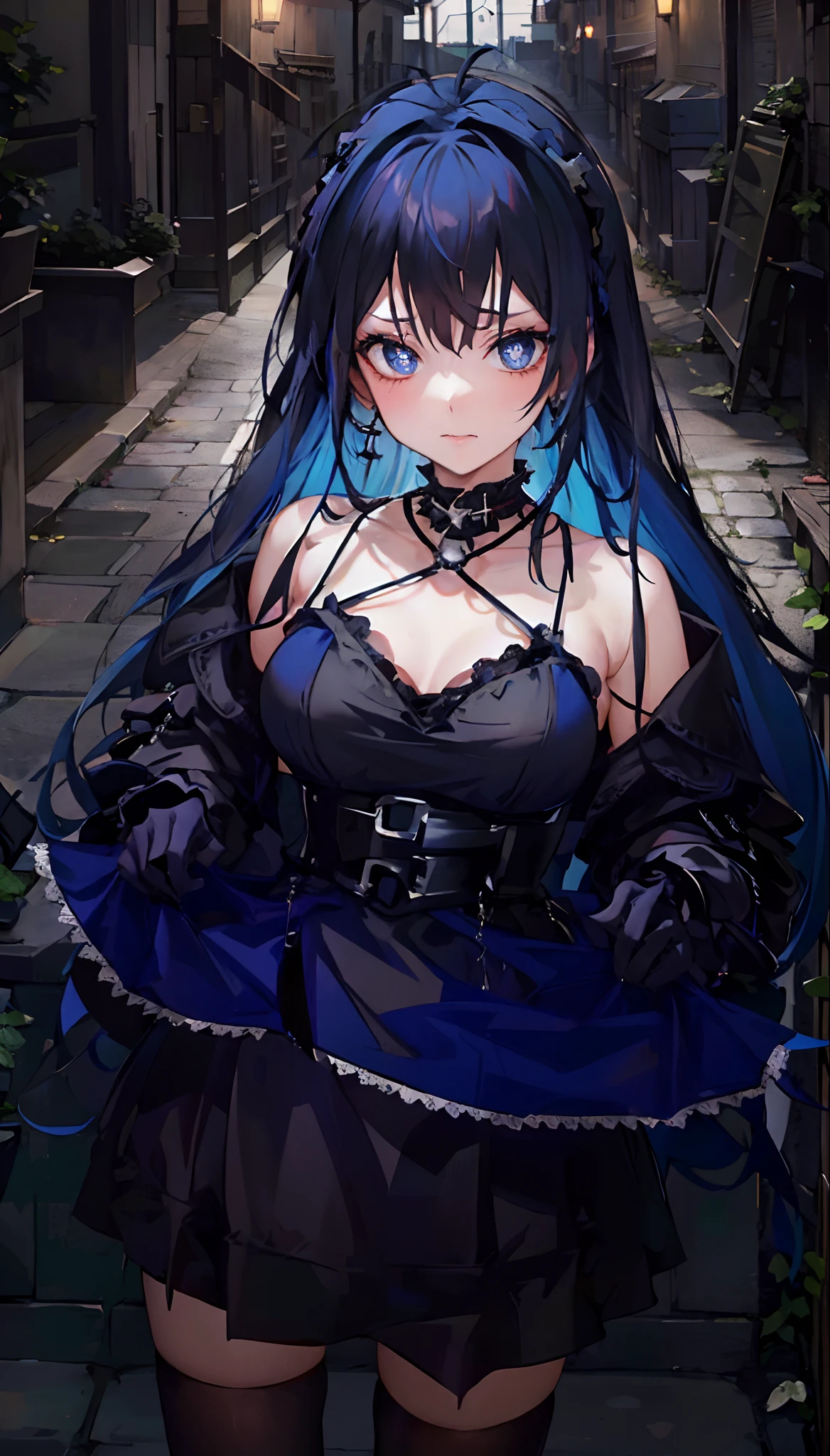 Anime girl with blue hair and black dress, das in einer dunklen Gasse steht, Gothic Maiden Anime Girl, Anime-Stil wie das Schicksal/stay night, Anime Moe Kunststil, Anime girl in maid costume, Dark gothic queen with blue eyes, Viertelnote, Anime girl in a black dress, ahegao, von Girls Frontline, Behind her, Gothic city streets, Gothic-Jungfrau, maid outfit