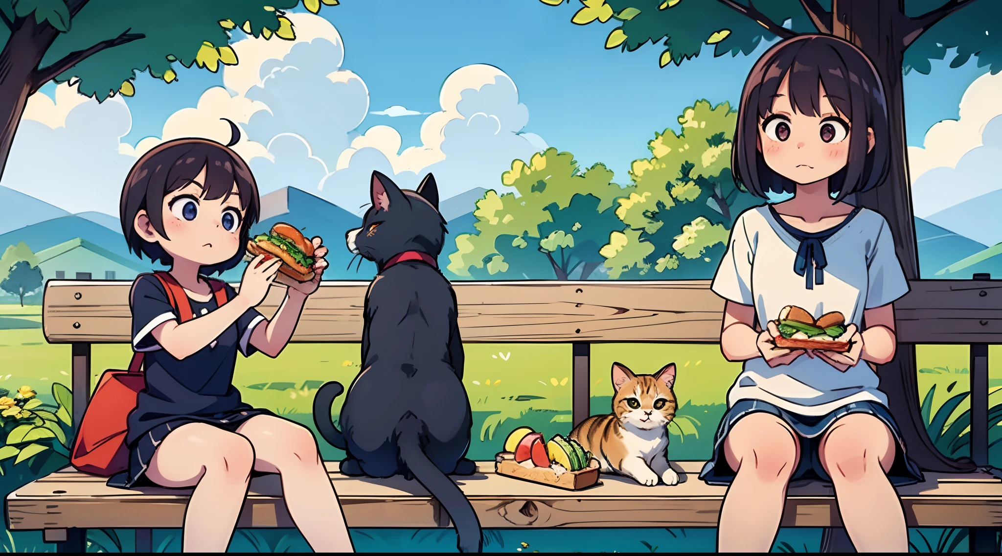 longshot、Kawaii Girl、Sitting on a park bench in the summer、Eat a sandwich for lunch、A cat came to me