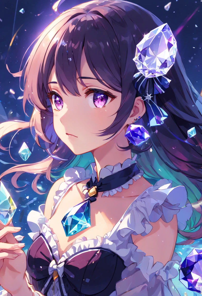 (((crystals texture Hair)))，{{{{{Extremely detailed CG}}}}},{{8K_the wallpaper}},{{{{Crystalline purple gemstone gloves}}}},((Beautiful detailed glass hair)),((Glass shaped texture hand)),((crystallize texture body)),gem body,Hands as clear as jewels,crystallization of clothes,((crystals texture skin)),Sparkle, Lens flare, light  leaks, Broken glass，{{{{detailed glass shaped clothes}}}}， ((Masterpiece)), (((Best quality))), ((Ultra-detailed)), ((illustration)), ((Disheveled hair)), ((frilld)), (1 girl), (Solo), Dynamic Angle, big top sleeves, Floating, beautiful detailed gemstone sky, gemstone sea, Beautiful detailed eyes, Overexposure, side blunt bangs, hairs between eyes, Ribbons, neck bowtie, macaron, Bare shoulders, (((Small breast))), Pleated skirt, crystals texture flowers， ((detailed crystallized clothing)),(gemstone of body)，solofocus,{{{{{{{{Iridescence and rainbow hair:2.5}}}}}}},{{{{{{detailed cute anime face}}}}}},{{Loli}},{{{{{aquarelle_(mediating)}}}},(((Masterpiece))),(((clock))),(((black))),(((Blood))),finedetail,Depth of field,Blood drop,Blood fog