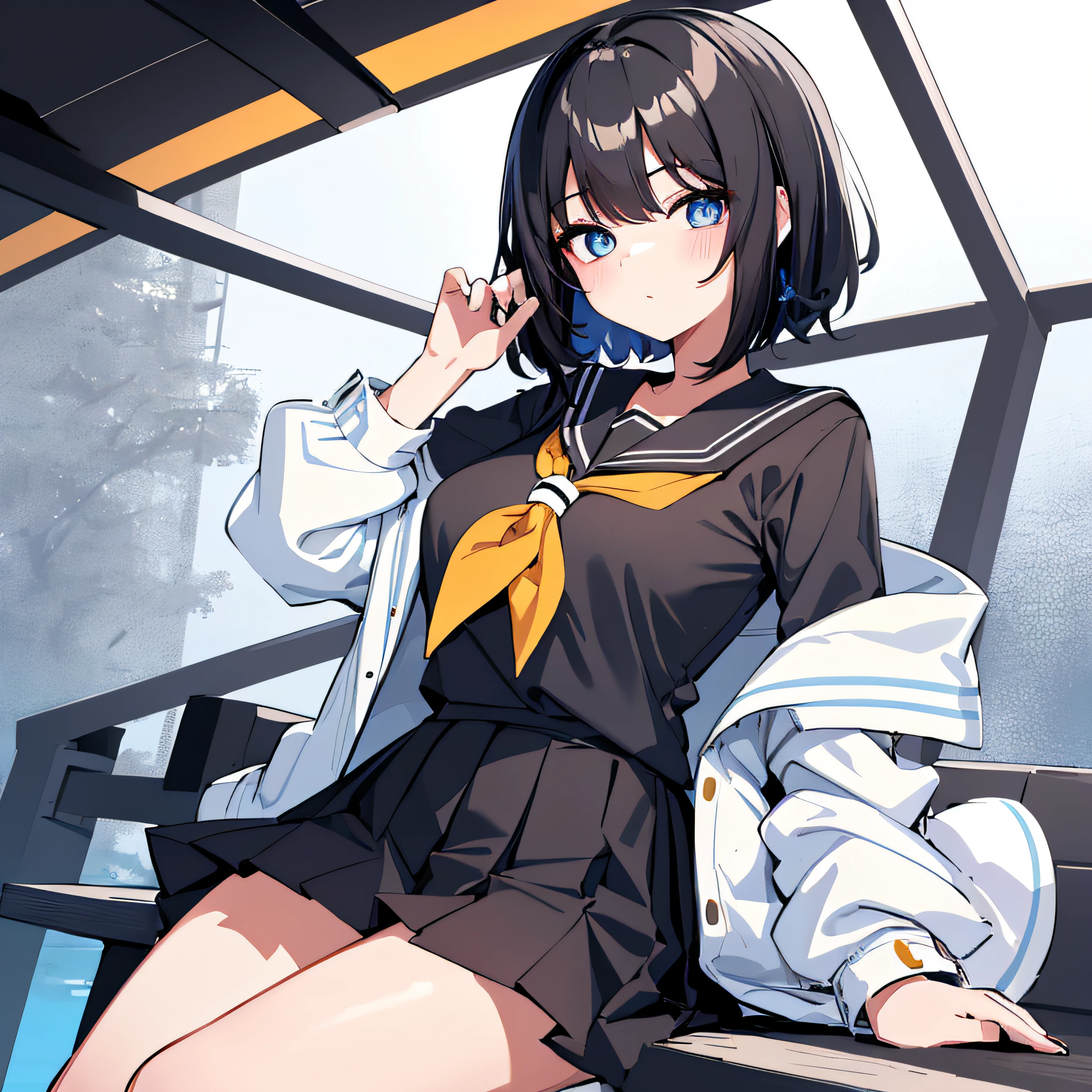 top-quality, ​masterpiece, portrait of cute girl, ((独奏)), 1girl in, (Black medium hair), Black hair, Blue eyes, cute little, white backgrounid, ((Happiness)), Chibi,hi-school girl、high-school uniform、夏天,a sailor suit、huge tit