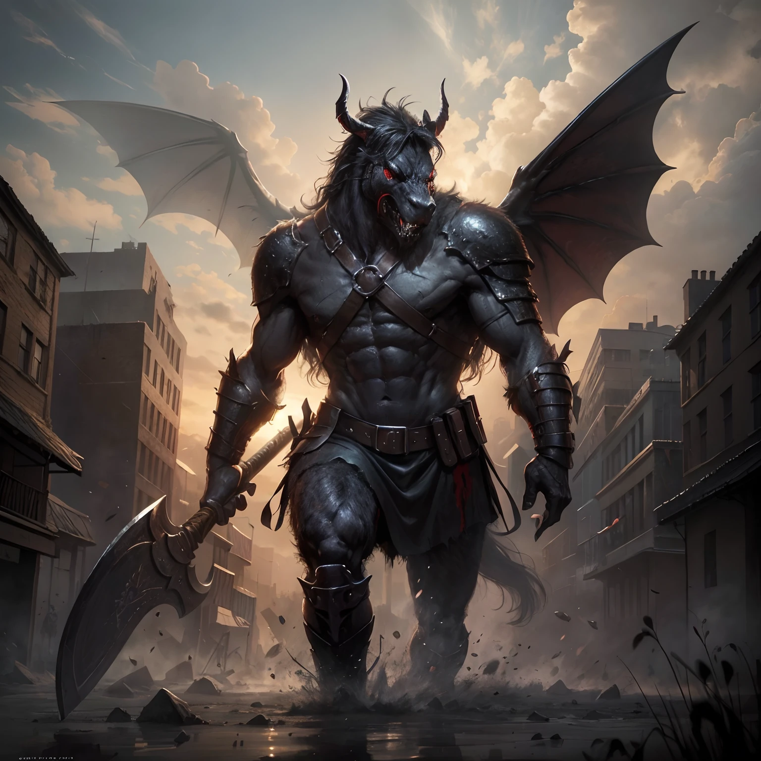 Horse-faced demon ，Wear military uniforms，Pick up the axe，red - eyed，unholy，Fierce，rampage ，Stand at the highest part of the city，Observe the city，Epic dark fantasy digital art，tmasterpiece，high qulity，8K，UHD resolution，Detailed detail drawing，realisticlying，Very realistic，Cinematic light,an award winning photograph,