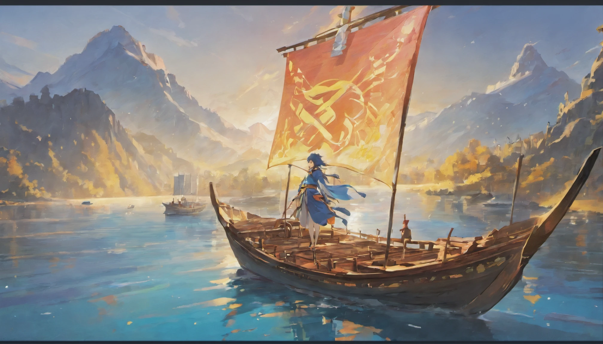 Draw boats in lakes with mountains and sun, Metal sails,dreamlike digital painting, fantasy digital painting, fantasy. gondola boat, Chinese style painting, digital cartoon painting art, glossy digital painting, Chinese painting style, Digital fantasy painting, 8k resolution digital painting, 8 k resolution digital painting, Fantasy landscape painting, A beautiful artwork illustration, 4 k digital painting