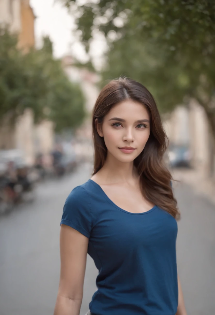 arafed woman walking down the street in a blue and black top, blue tight tshirt, wearing in shirt, wearing a cute top, wearing a blouse, in tshirt, blue shirt, wearing a shirt, girl next door innocent look, wearing a designer top, attractive neck, wearing a t-shirt, wearing tight shirt, in a street, young and cute girl