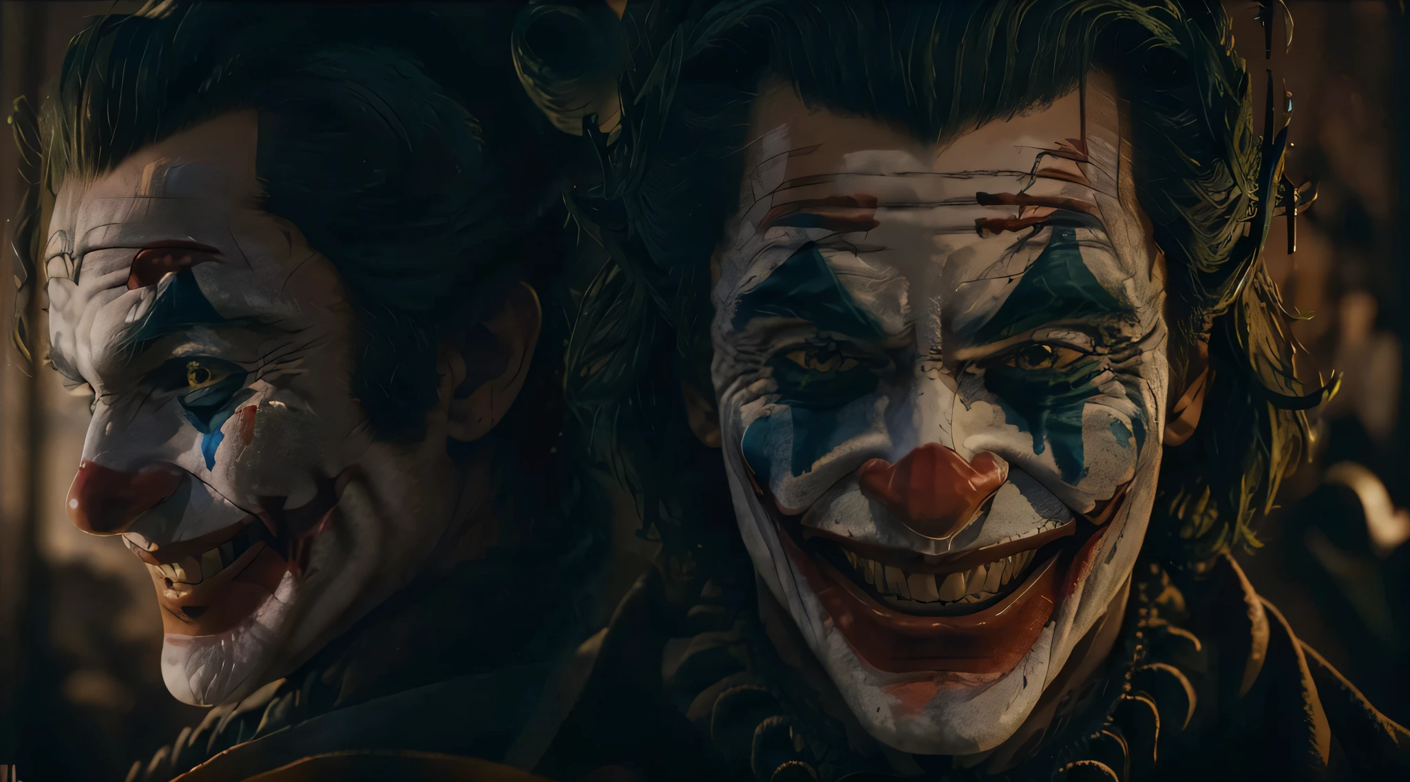 (best quality,4k,8k,highres,masterpiece:1.2),ultra-detailed,(realistic,photorealistic,photo-realistic:1.37),crocheted portrait,Heath Ledger,The Joker,intense eyes,(maddening gaze,insane stare),legendary performance,poster quality,photo-realistic details,cinematic effect,close-up view,zoomed in eyes,deep eye sockets,intense expression,detailed crocheted textures,vibrant colors,bold contrasts,dark background,menacing atmosphere,distorted smile,manic energy,haunting portrayal,iconic character,heavily textured yarn,woven fibers,attention to facial features,intense and intriguing presence,memorable portrayal,impeccable craftsmanship,skilled crochet techniques,perfectly captured details,uncanny resemblance,expression of madness and chaos,psychological depth,emotional impact,celebration of Heath Ledger's talent,tribute to his unforgettable performance.