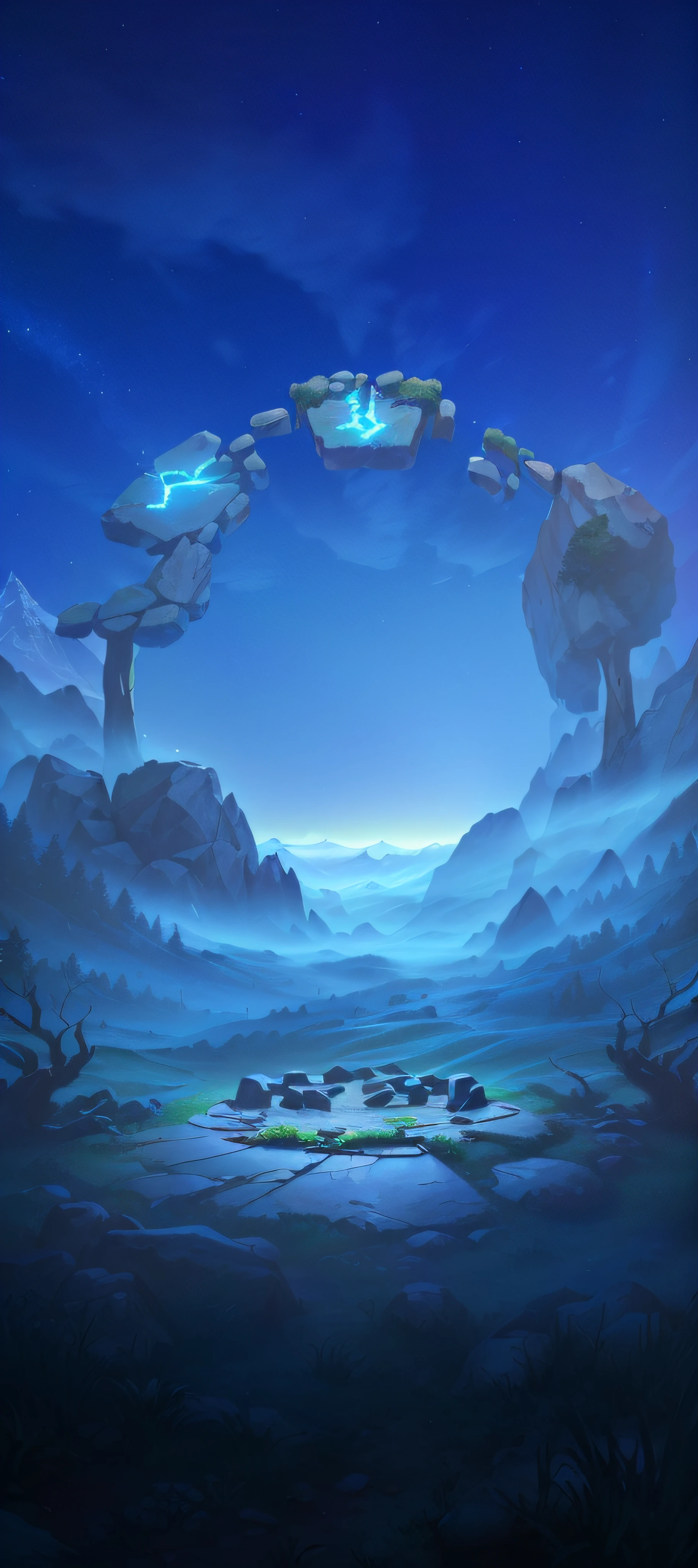 Ring stone circle,Tree roots are wrapped around stone,The tree,ln the forest,mountain ranges,Huge platform,unreal engine rendered