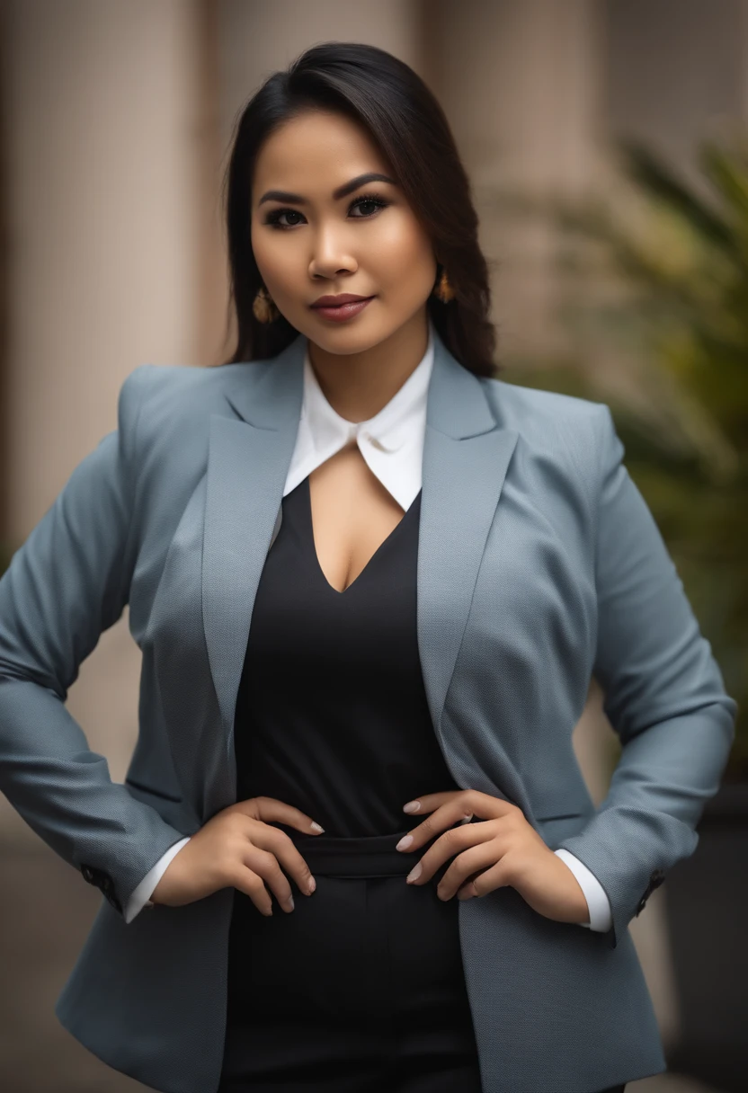 portrait of 28 year old filipina wife wearing a office suit, body facing the viewer
