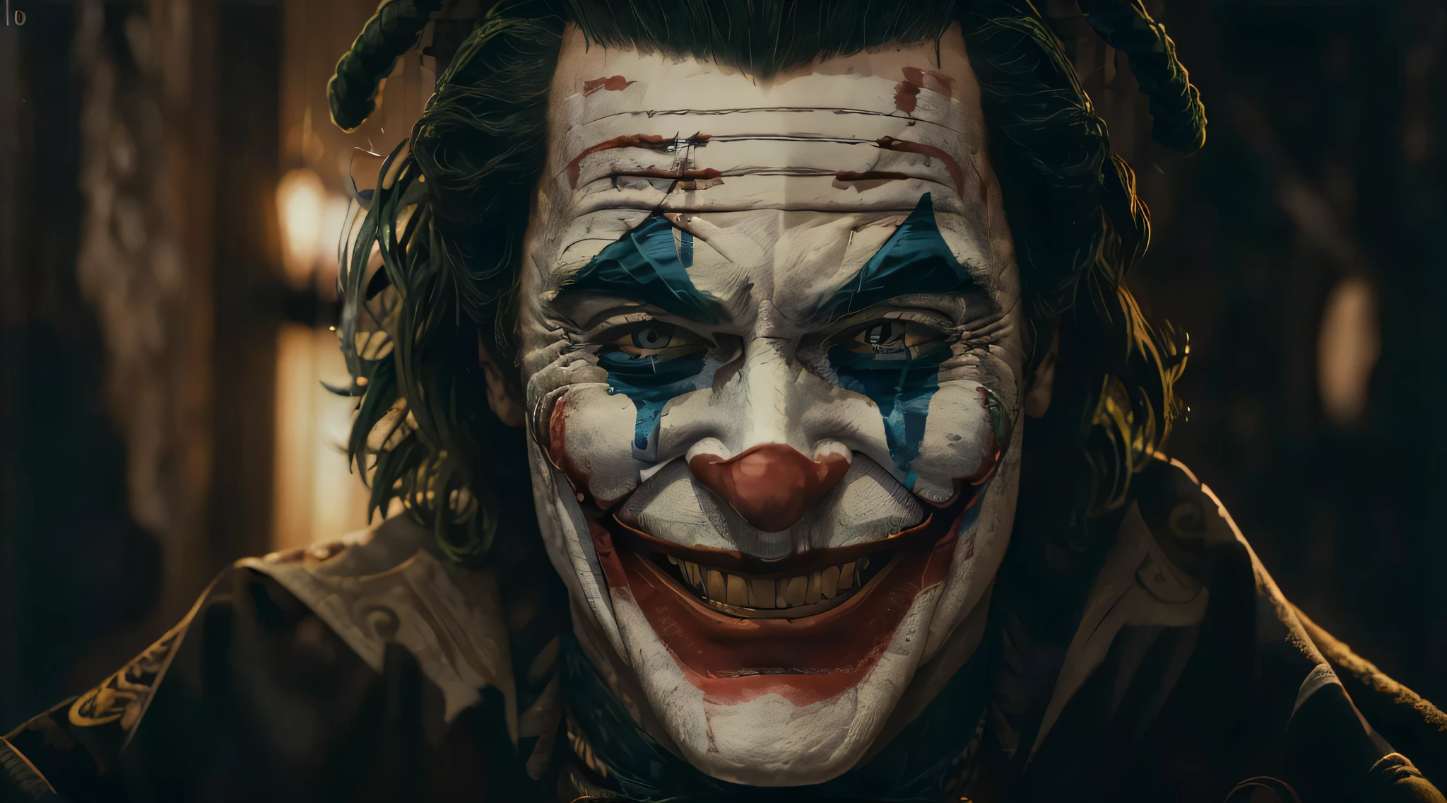 (best quality,4k,8k,highres,masterpiece:1.2),ultra-detailed,(realistic,photorealistic,photo-realistic:1.37),crocheted portrait,Heath Ledger,The Joker,intense eyes,(maddening gaze,insane stare),legendary performance,poster quality,photo-realistic details,cinematic effect,close-up view,zoomed in eyes,deep eye sockets,intense expression,detailed crocheted textures,vibrant colors,bold contrasts,dark background,menacing atmosphere,distorted smile,manic energy,haunting portrayal,iconic character,heavily textured yarn,woven fibers,attention to facial features,intense and intriguing presence,memorable portrayal,impeccable craftsmanship,skilled crochet techniques,perfectly captured details,uncanny resemblance,expression of madness and chaos,psychological depth,emotional impact,celebration of Heath Ledger's talent,tribute to his unforgettable performance.