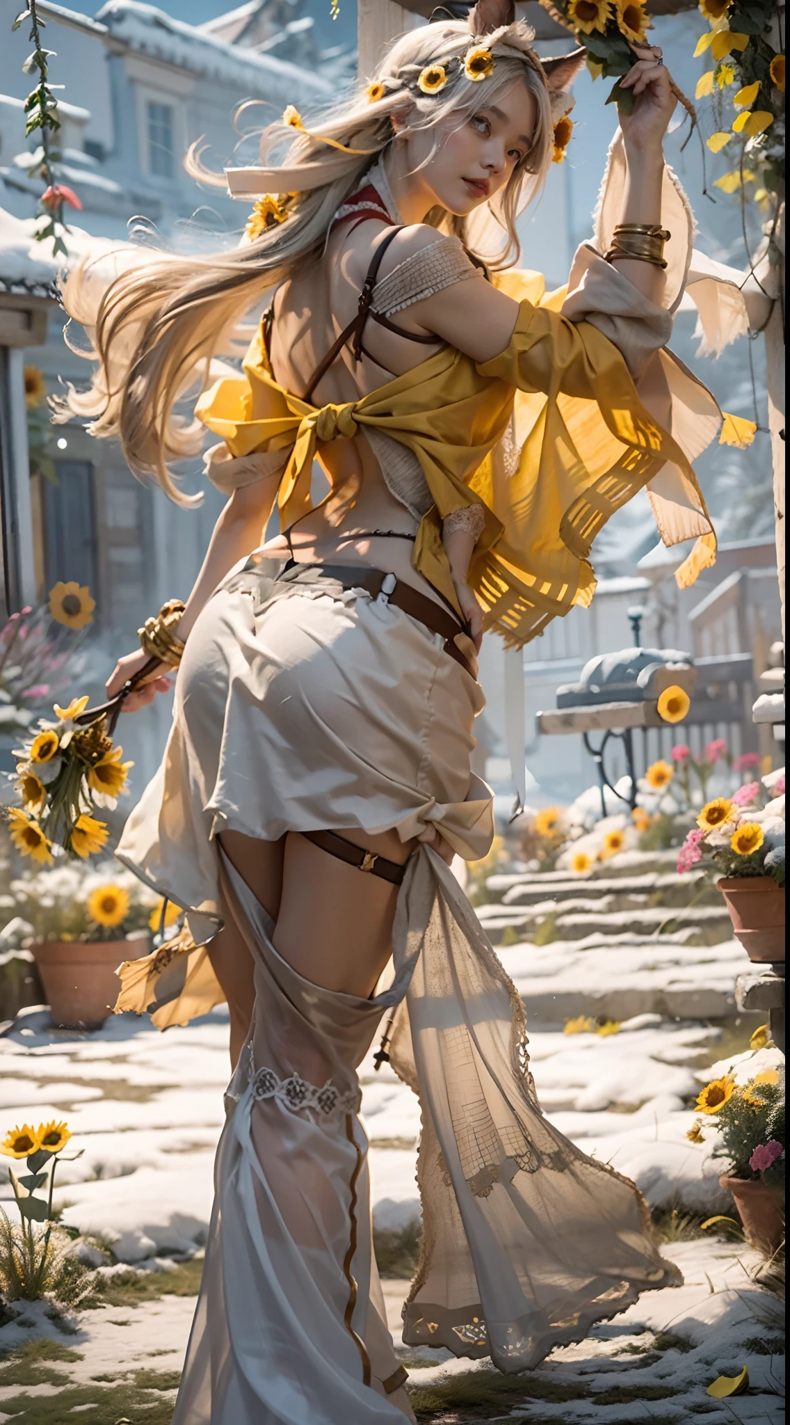 In a very grand scene,The extra-large wide-angle lens captures the appearance of a female centaur。She is a Sunflower Worship nun。She is tall,It has the ultimate curvy beauty,The muscles are slender and firm,Beautiful lines。She has(Super huge sky blue eyes:99.99),Always with sexy glasses。(She wears solemn nun attire:9.9),Stepping on a boot-style skyscraper-heel,A pink cross hangs from his chest。(In front of her is the world's only knitted sunflower potted plant with a super healing smile:99.99),This is the icon of God woven from high-grade yarn。Use Midjourney's advanced tools,Design noble and solemn nun costumes for female centaurs,and highlight her unique physiological characteristics and appearance details,Add realism。And in the context of her prayers and listening to confessions,Spectacular views of nature,Such as the sky where storms and sunny days alternate、Brilliant rivers of stars and auroras、The snow-capped summit of Mount Everest、Fireworks in the mountain town, etc。ao mesmo tempo,Away from the hustle and bustle next to the chapel,Create a fantastic scene。Use Midjourney's advanced tools and multiple color palettes、Brush Strokes、Texture tools and model packages,It shows a sense of atmosphere where beauty and charm coexist。The charm of the female centaur is highlighted through color and lines,Enhance realism with detailing,Create a surreal dreamy feeling。Additionally,Use Midjourney's tools to add various exorcism props and books to the female centaur、pergaminhos,Create intricate hairstyles and outfits,Give her a sense of premium。She never flinches,No matter what monster you encounter,can respond quickly,Even the most extreme armies of natural disasters and monsters could not stop her and her front(The only sunflower in the picture with the Tyndall effect exuding sunlight:999.9)。Use Midjourney's powerful tools,You can do it with incredible detail and beauty,Bring this ultra-grand and beautiful scene to life。Ultra-grand scenes,super wide shot, hdr,(真实感,Masterpiec
