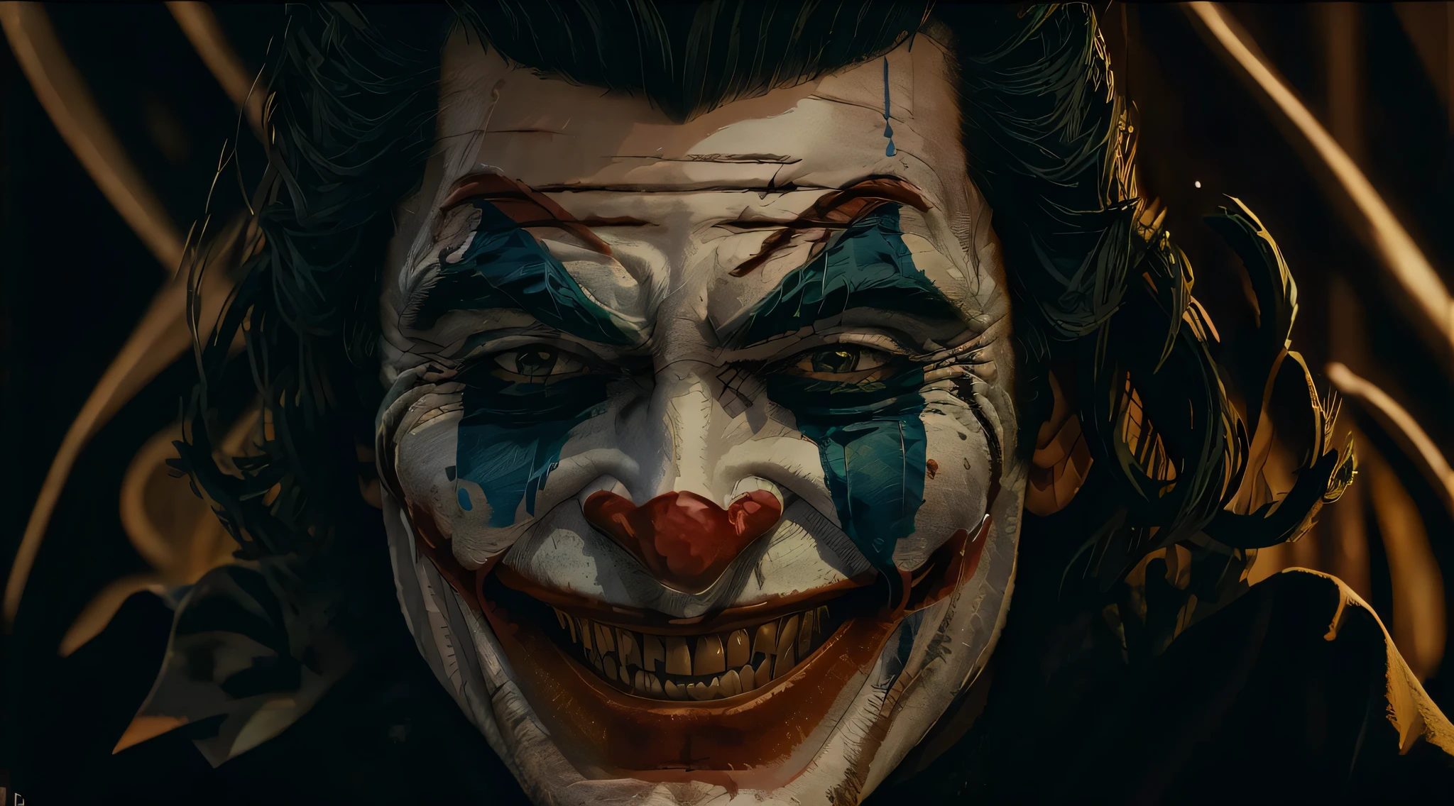 (best quality,4k,8k,highres,masterpiece:1.2),ultra-detailed,(realistic,photorealistic,photo-realistic:1.37),crocheted portrait,Heath Ledger,The Joker,intense eyes,(maddening gaze,insane stare),legendary performance,poster quality,photo-realistic details,cinematic effect,close-up view,zoomed in eyes,deep eye sockets,intense expression,detailed crocheted textures,vibrant colors,bold contrasts,dark background,menacing atmosphere,distorted smile,manic energy,haunting portrayal,iconic character,heavily textured yarn,woven fibers,attention to facial features,intense and intriguing presence,memorable portrayal,impeccable craftsmanship,skilled crochet techniques,perfectly captured details,uncanny resemblance,expression of madness and chaos,psychological depth,emotional impact,celebration of Heath Ledger's talent,tribute to his unforgettable performance.