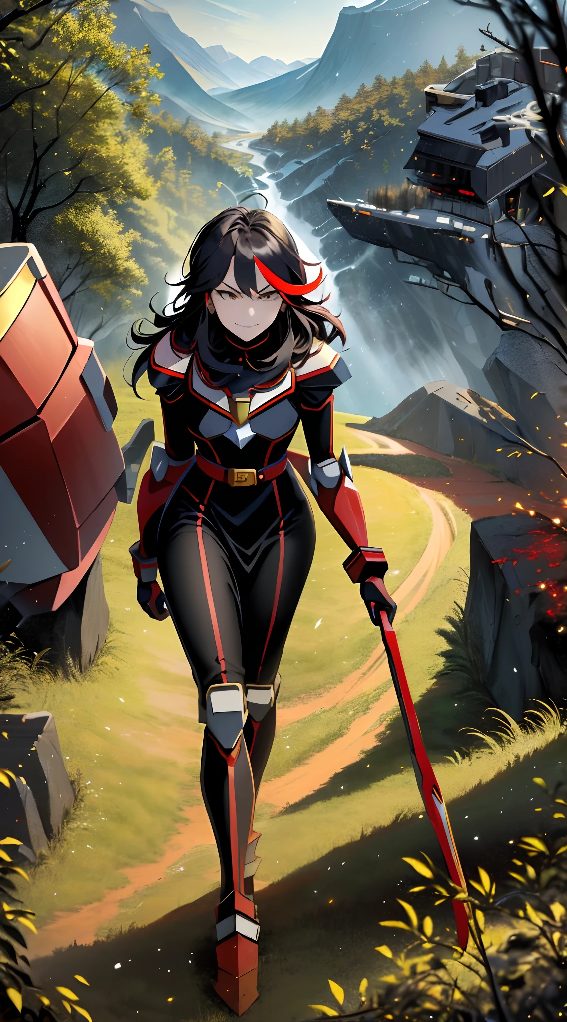 ((Masterpiece, Best Quality)): 1Girl, Princess Ryuko matoi wearing Heavy red black and gold Knight Armor, heavy mech armor, cyber armor red and black, gold belt, heavy red black dress, long hair, long tapered red dress with gold and black highlights, princess armor, long flowing black dress with red highlights and gold waist belt, red mechsuit, looking at viewer at eye-level, full-body, forest background, forest background with large mountains, heavy armored black gold and red dress, looking at viewer with closed smirk, black knight shoulder pauldrons