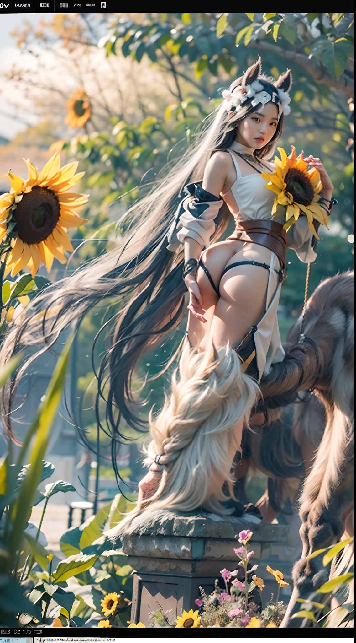 In a very grand scene,The extra-large wide-angle lens captures the appearance of a female centaur。She is a Sunflower Worship nun。She is tall,It has the ultimate curvy beauty,The muscles are slender and firm,Beautiful lines。She has(Super huge sky blue eyes:99.99),Always with sexy glasses。(She wears solemn nun attire:9.9),Stepping on a boot-style skyscraper-heel,A pink cross hangs from his chest。(In front of her is the world's only knitted sunflower potted plant with a super healing smile:99.99),This is the icon of God woven from high-grade yarn。Use Midjourney's advanced tools,Design noble and solemn nun costumes for female centaurs,and highlight her unique physiological characteristics and appearance details,Add realism。And in the context of her prayers and listening to confessions,Spectacular views of nature,Such as the sky where storms and sunny days alternate、Brilliant rivers of stars and auroras、The snow-capped summit of Mount Everest、Fireworks in the mountain town, etc。ao mesmo tempo,Away from the hustle and bustle next to the chapel,Create a fantastic scene。Use Midjourney's advanced tools and multiple color palettes、Brush Strokes、Texture tools and model packages,It shows a sense of atmosphere where beauty and charm coexist。The charm of the female centaur is highlighted through color and lines,Enhance realism with detailing,Create a surreal dreamy feeling。Additionally,Use Midjourney's tools to add various exorcism props and books to the female centaur、pergaminhos,Create intricate hairstyles and outfits,Give her a sense of premium。She never flinches,No matter what monster you encounter,can respond quickly,Even the most extreme armies of natural disasters and monsters could not stop her and her front(The only sunflower in the picture with the Tyndall effect exuding sunlight:999.9)。Use Midjourney's powerful tools,You can do it with incredible detail and beauty,Bring this ultra-grand and beautiful scene to life。Ultra-grand scenes,super wide shot, hdr,(真实感,Masterpiec