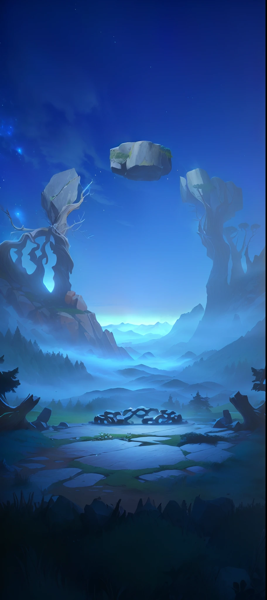 Ring stone circle，Tree roots are wrapped around stone，The tree，ln the forest，mountain ranges，Huge platform，unreal engine rendered