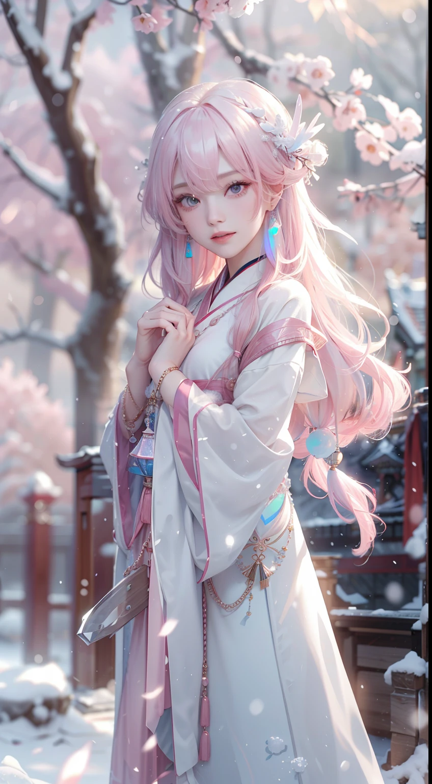 Works of masters，Best image quality，超高分辨率，8K分辨率，first person perspective，s the perfect face，Glowing skin，Exquisite facial features，solo person，femele，ssmile，long whitr hair，Pink hair，crossed bangs，Wave head，Bracelet，Collar，pendant，Hanfu，snowflower，Winters，Temple，New Year，Opal rendering，Cinematic lighting，Winter snow method
