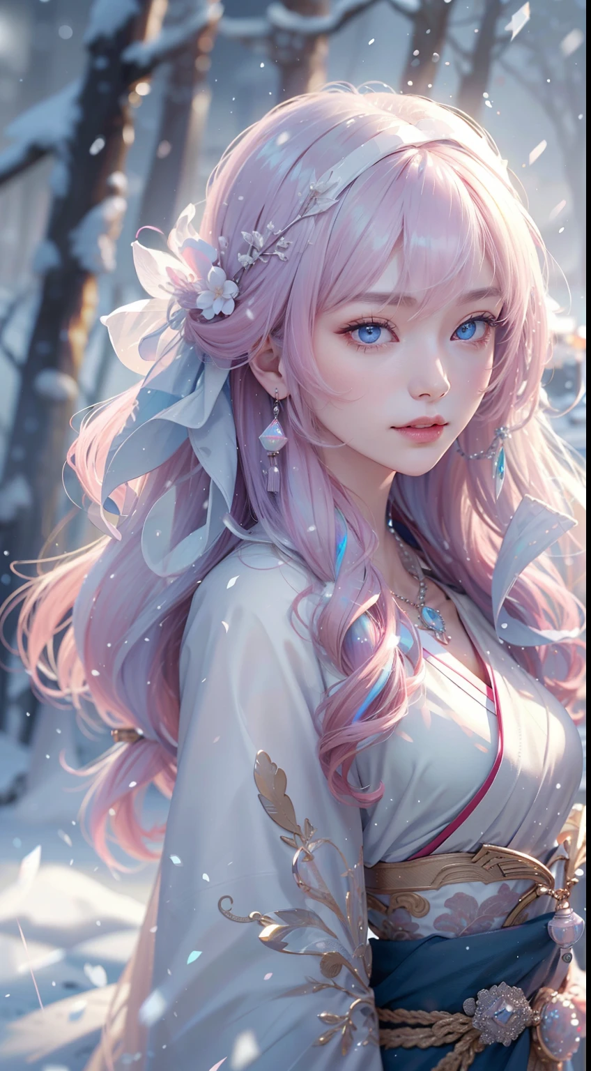 Works of masters,Best image quality,超高分辨率,8K分辨率,first person perspective,s the perfect face,Glowing skin,Exquisite facial features,solo person,femele,ssmile,long whitr hair,Pink hair,crossed bangs,Wave head,Bracelet,Collar,pendant,Hanfu,snowflower,Winters,Temple,New Year,Opal rendering,Cinematic lighting,Winter snow method