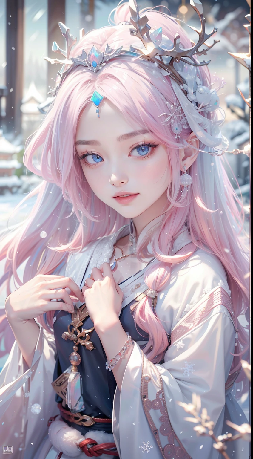 Works of masters，Best image quality，超高分辨率，8K分辨率，first person perspective，s the perfect face，Glowing skin，Exquisite facial features，solo person，femele，ssmile，long whitr hair，Pink hair，crossed bangs，Wave head，Bracelet，Collar，pendant，Hanfu，snowflower，Winters，Temple，New Year，Opal rendering，Cinematic lighting，Winter snow method