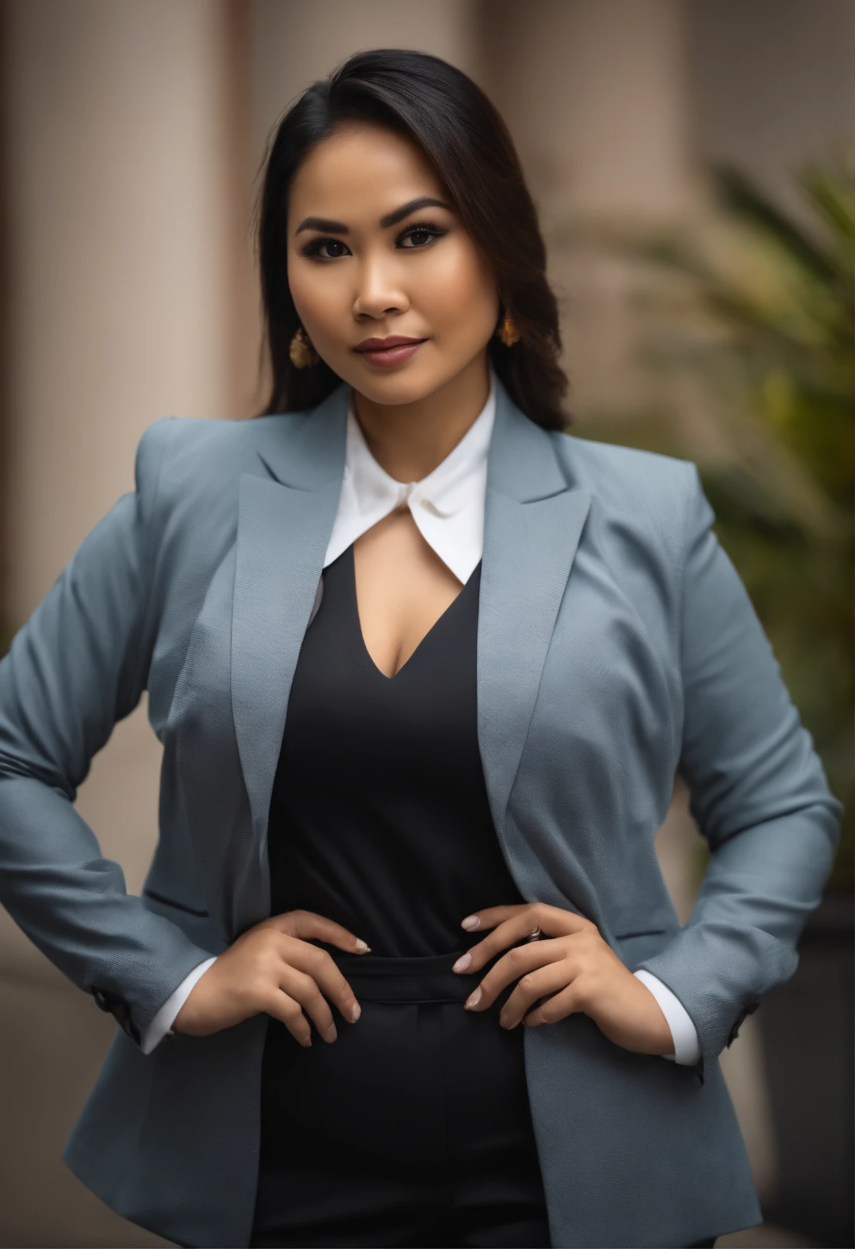 portrait of 28 year old filipina wife wearing a office suit, body facing the viewer