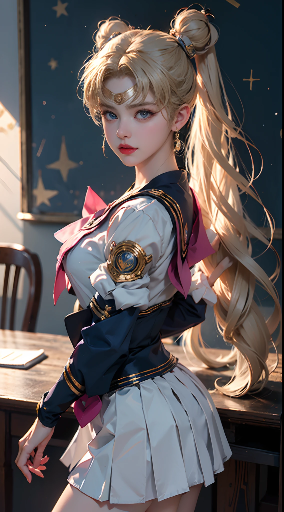 ((Masterpiece)), (Best quality), (Super detail), ((Very detailed)), 4K, (8K), Sailor Moon, Long blonde, Double ponytail, the sailor moon, Dream Core, Coated school shirt, Big breasts