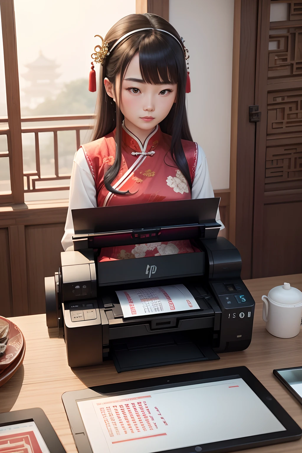 In ancient Chinese palaces，Put a modern version of the HP printer