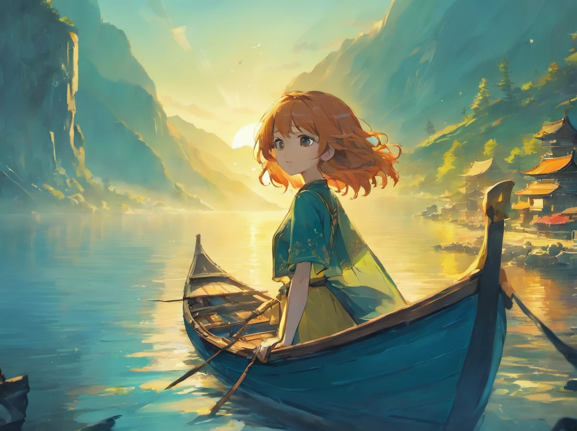 Draw boats in lakes with mountains and sun,dreamlike digital painting, fantasy digital painting, fantasy. gondola boat, Chinese style painting, digital cartoon painting art, glossy digital painting, Chinese painting style, Digital fantasy painting, 8k resolution digital painting, 8 k resolution digital painting, Fantasy landscape painting, A beautiful artwork illustration, 4 k digital painting