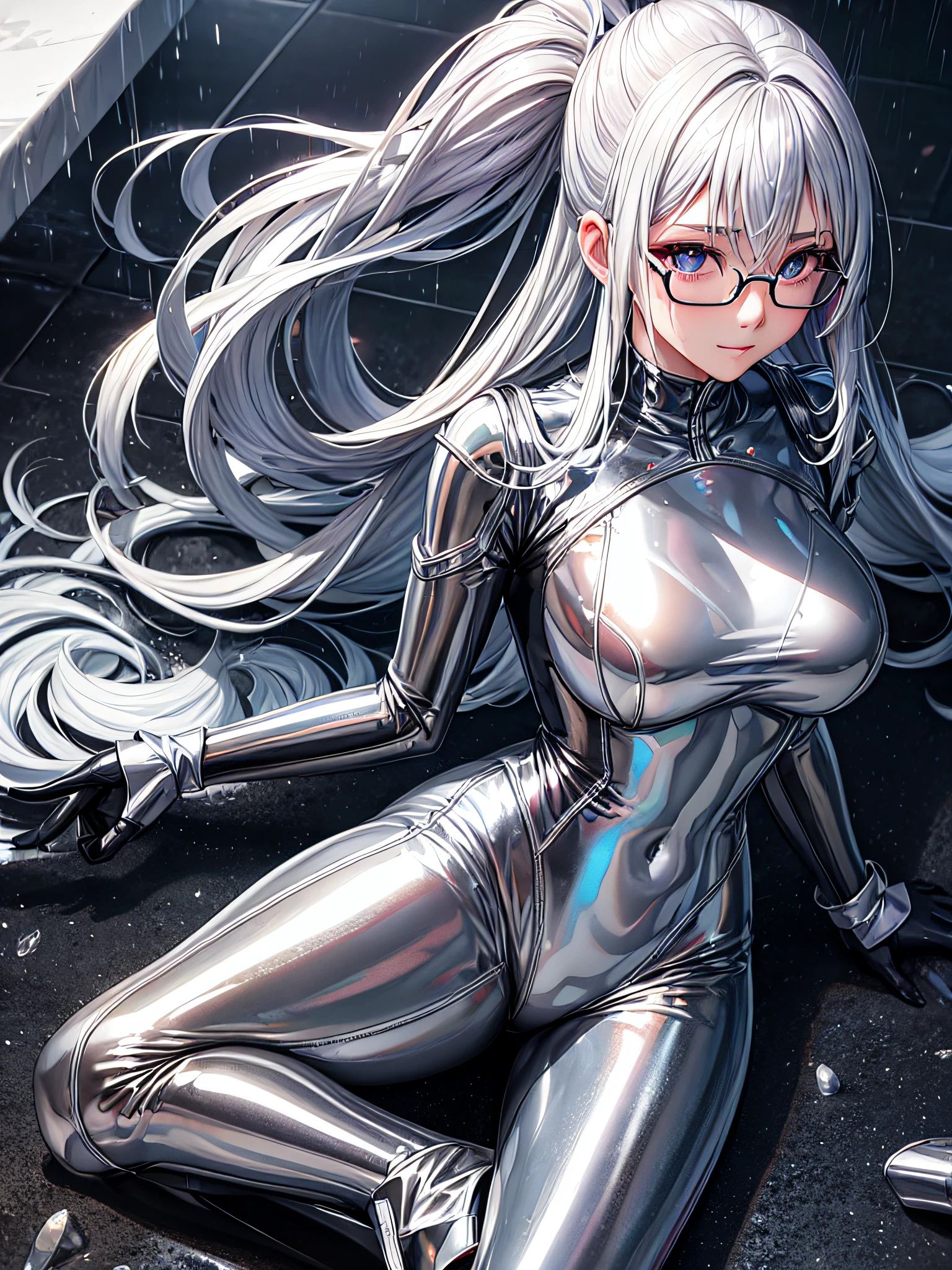 5 8K UHD、Silver shiny silver full body rider suit with glasses silver hair and nosed beauty wet in rain、Shiny silver latex slider suit with hidden skin