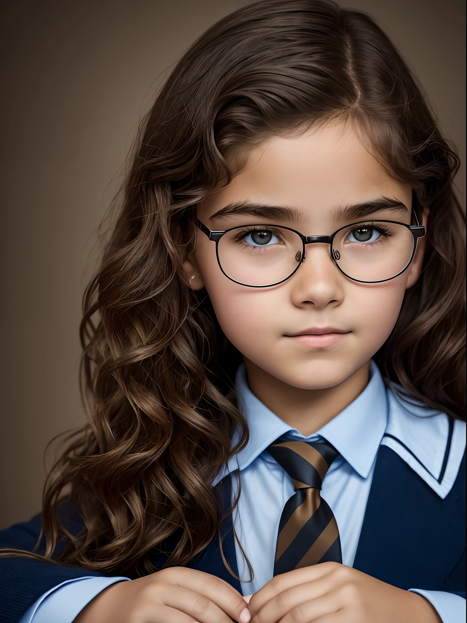 Realistic photo of a 10-year-old girl of European appearance, slightly curly brown thick hair below the shoulder blades(to the middle of the back); Large shiny dark brown eyes, long eyelashes, eyeglasses(The natural shine of glasses), thick eyebrows, Serious, хмурая, A bored look, looks at the camera from under his eyebrows(a slight tilt of the head forward and down), In the look you can read the desire to leave here; Realistic form of the Hogwarts School of Magic, Ravenclaw Faculty (blue and bronze colors, striped tie); Without cosmetics, Unadorned; Straight posture(Photography for documents), sits directly on camera, Direct view(full face); Professional studio photography with a film SLR camera("Zorkiy-4"), (passport photo), hight resolution, Natural Realistic Detailed Skin Texture, natural lightin, 8K, Texture of the photo card, Maximum photorealism