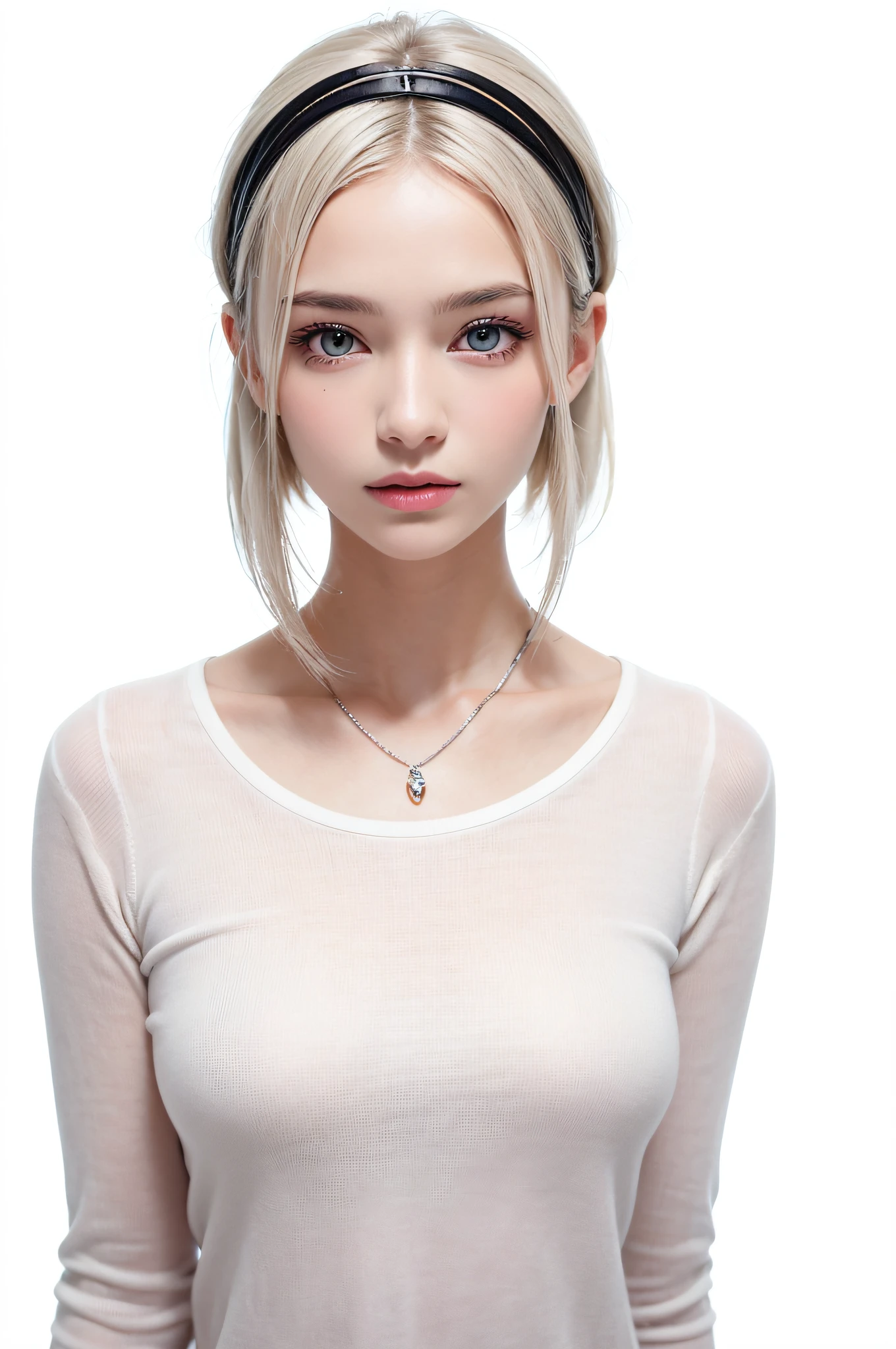one girl, solo, (abs:1.4), slender body, fit body, (upper body, bust:1.2), (black eyes:1.3), blonde hair, (two cute braids:1.2), (bare shoulders:1.2), masterpiece, highly detailed, look at viewer, front view, (small breasts, tiny breasts, male chest, exposed breasts, deep cleavage:1.5), (transparent white crop top, wet crop top, choker:1.4), (studio lights, blured background, glowing edges of image, shiny blured background, gradient sprayed background, colorful background:1.3), expressing joy, (nipples:1.1)