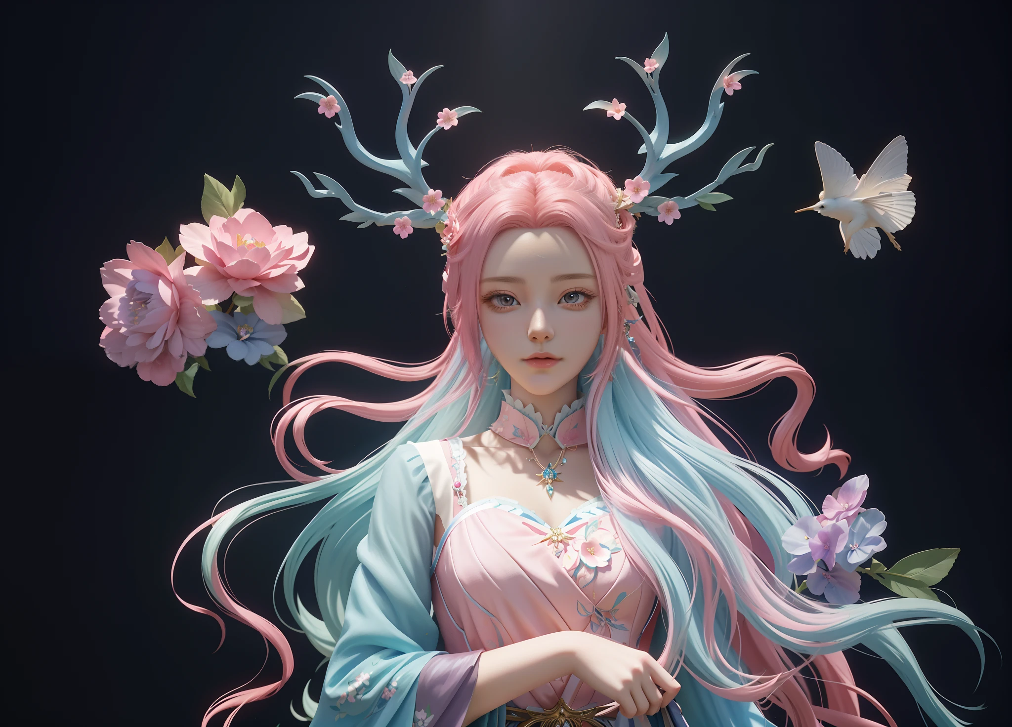 Anime girl with pink long hair and blue dress with flowers, Fantasy art style, trending on cgstation, 8K high quality detailed art, 3 D rendering character art 8 K, digital fantasy art ), Guviz-style artwork, 2. 5 D CGI anime fantasy artwork, Beautiful character painting, hyper-detailed fantasy character, anime styled 3d，best qualtiy，Divine sense top light，A queen，