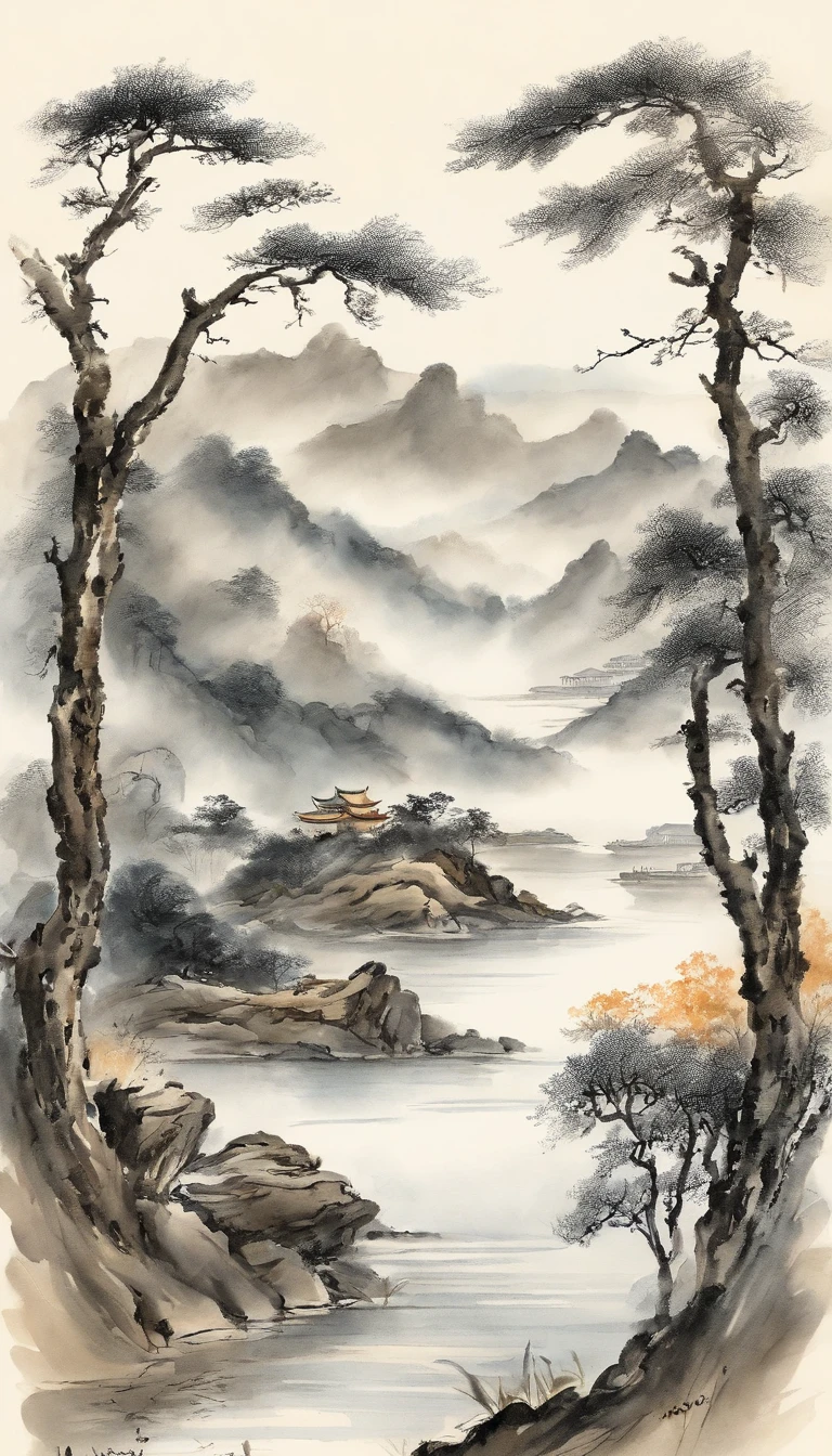 Chinese landscape painting, a man wears Hanfu, ink and watercolor painting,water ink,ink,Smudge,Faraway view,Ultra-wide viewing angle ,Faraway view, Meticulous, Smudge,low-saturation, Low contrast, A detailed, accurate, Works of masters, masterpiece