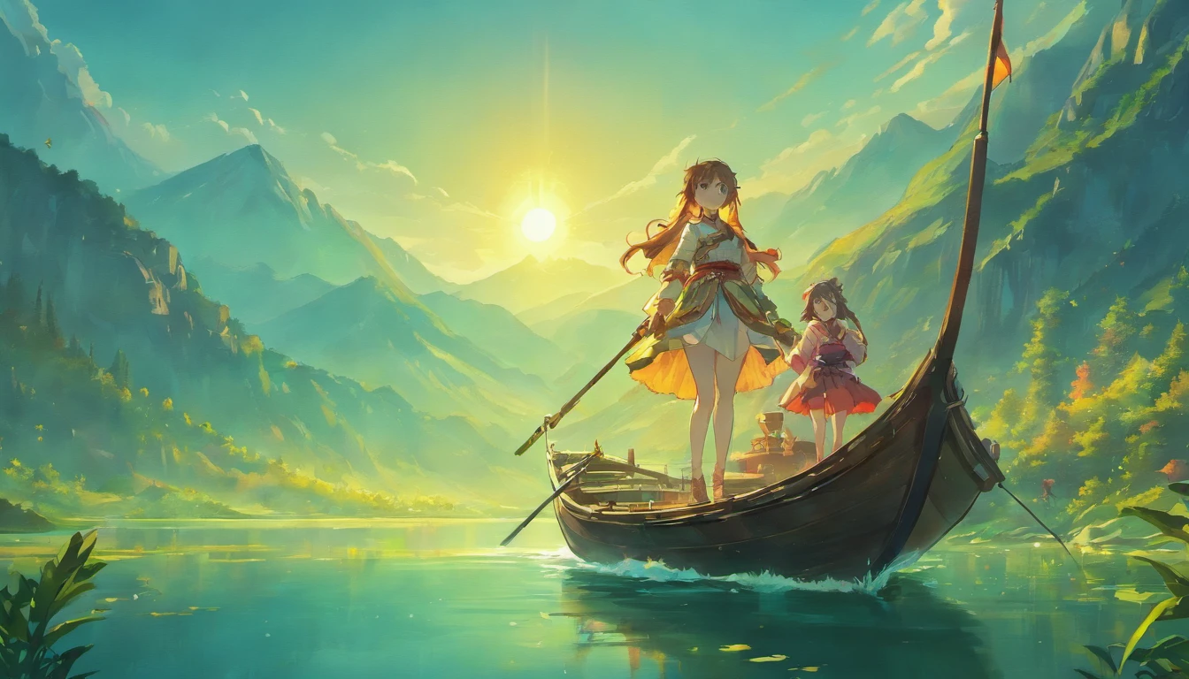 Draw boats in lakes with mountains and sun,dreamlike digital painting, fantasy digital painting, fantasy. gondola boat, Chinese style painting, digital cartoon painting art, glossy digital painting, Chinese painting style, Digital fantasy painting, 8k resolution digital painting, 8 k resolution digital painting, Fantasy landscape painting, A beautiful artwork illustration, 4 k digital painting