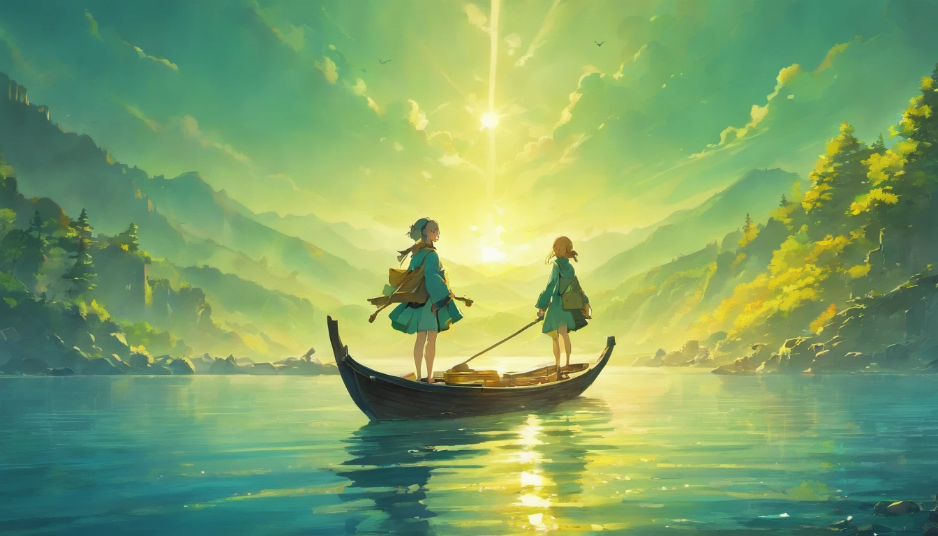 Draw boats in lakes with mountains and sun,dreamlike digital painting, fantasy digital painting, fantasy. gondola boat, Chinese style painting, digital cartoon painting art, glossy digital painting, Chinese painting style, Digital fantasy painting, 8k resolution digital painting, 8 k resolution digital painting, Fantasy landscape painting, A beautiful artwork illustration, 4 k digital painting