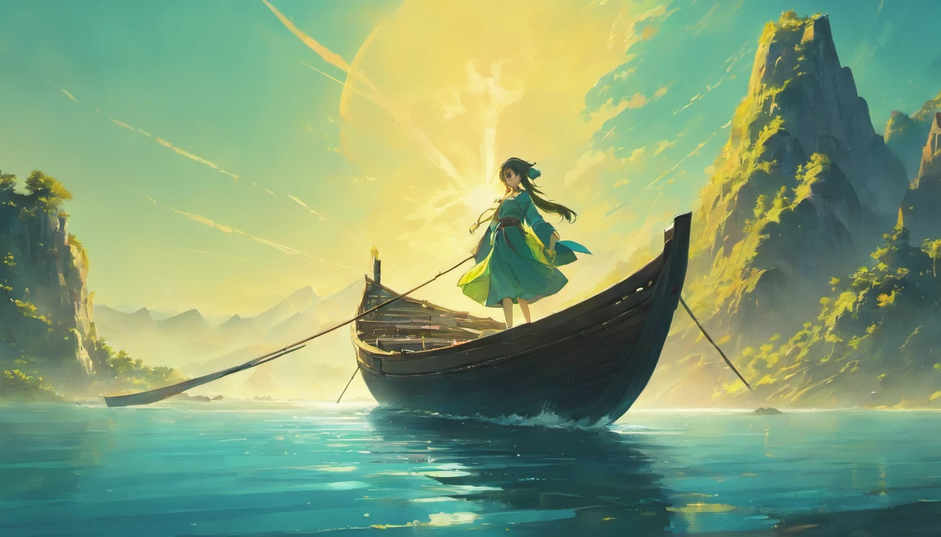 Draw boats in lakes with mountains and sun,dreamlike digital painting, fantasy digital painting, fantasy. gondola boat, Chinese style painting, digital cartoon painting art, glossy digital painting, Chinese painting style, Digital fantasy painting, 8k resolution digital painting, 8 k resolution digital painting, Fantasy landscape painting, A beautiful artwork illustration, 4 k digital painting