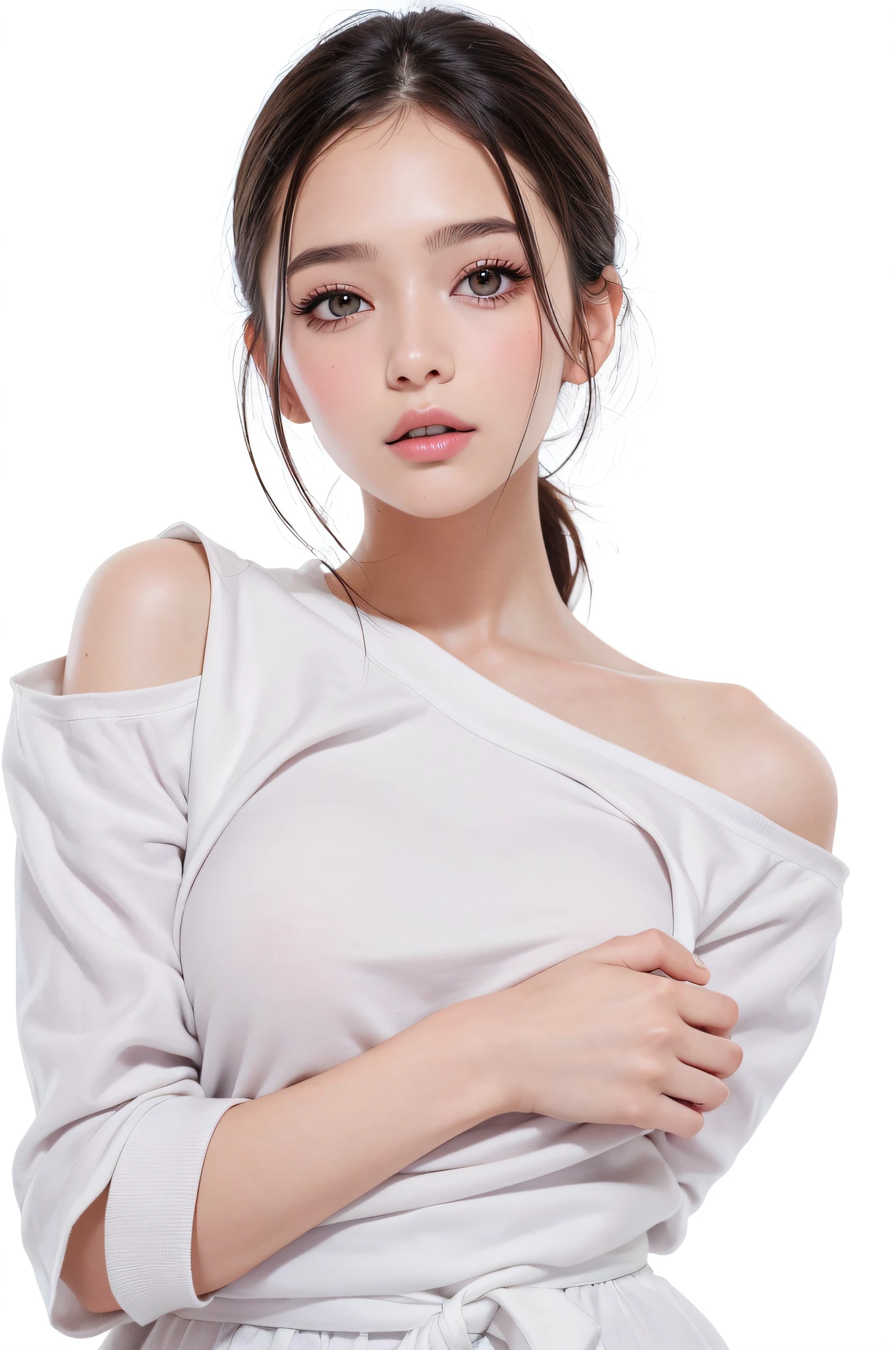 tmasterpiece, Best quality at best, Simple white clothes,bautiful young woman, shinning eyes, (detailedpupils:1.2),Pure, eyeslashes, Beauty brunette big breasts, Black hair, multicolour, Medium hair, s the perfect face, A detailed,