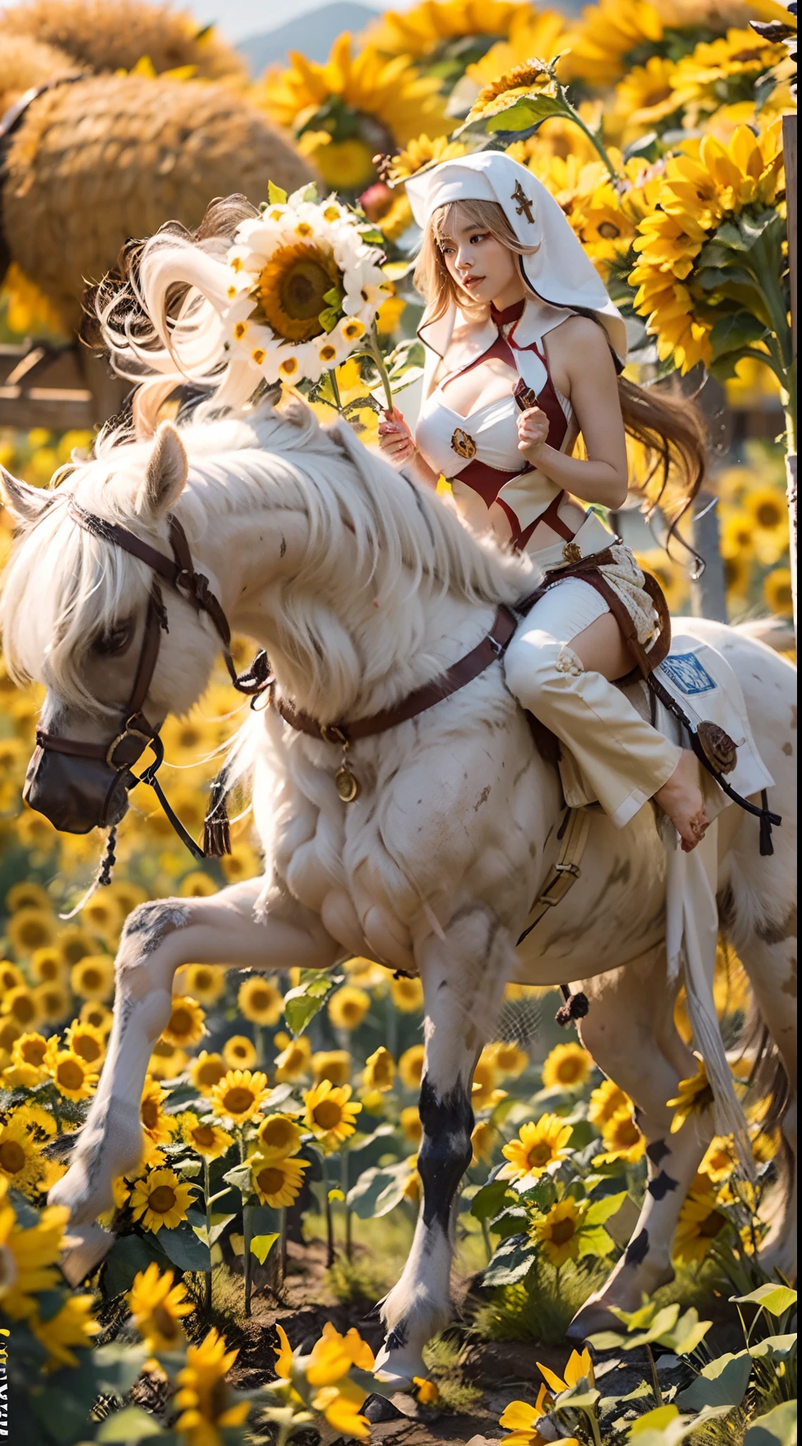 In a very grand scene,The extra-large wide-angle lens captures the appearance of a female centaur。She is a Sunflower Worship nun。She is tall,It has the ultimate curvy beauty,The muscles are slender and firm,Beautiful lines。She has(Super huge sky blue eyes:99.99),Always with sexy glasses。(She wears solemn nun attire:9.9),Stepping on a boot-style skyscraper-heel,A pink cross hangs from his chest。(In front of her is the world's only knitted sunflower potted plant with a super healing smile:99.99),This is the icon of God woven from high-grade yarn。Use Midjourney's advanced tools,Design noble and solemn nun costumes for female centaurs,and highlight her unique physiological characteristics and appearance details,Add realism。And in the context of her prayers and listening to confessions,Spectacular views of nature,Such as the sky where storms and sunny days alternate、Brilliant rivers of stars and auroras、The snow-capped summit of Mount Everest、Fireworks in the mountain town, etc。ao mesmo tempo,Away from the hustle and bustle next to the chapel,Create a fantastic scene。Use Midjourney's advanced tools and multiple color palettes、Brush Strokes、Texture tools and model packages,It shows a sense of atmosphere where beauty and charm coexist。The charm of the female centaur is highlighted through color and lines,Enhance realism with detailing,Create a surreal dreamy feeling。Additionally,Use Midjourney's tools to add various exorcism props and books to the female centaur、pergaminhos,Create intricate hairstyles and outfits,Give her a sense of premium。She never flinches,No matter what monster you encounter,can respond quickly,Even the most extreme armies of natural disasters and monsters could not stop her and her front(The only sunflower in the picture with the Tyndall effect exuding sunlight:999.9)。Use Midjourney's powerful tools,You can do it with incredible detail and beauty,Bring this ultra-grand and beautiful scene to life。Ultra-grand scenes,super wide shot, hdr,(真实感,Masterpiec