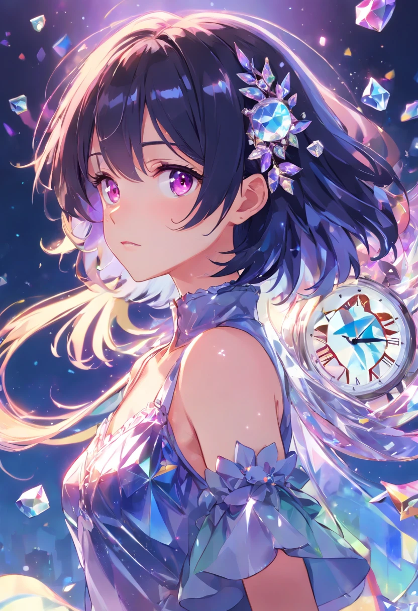 (((Crystal Texture Hair))),{{{{{extremely details CG}}}}},{{8K_wall-paper}},{{{{Crystal Purple Gemstone Gloves}}}},((beautiful detailed Glass hair)),((Textured hand in the shape of glass)),((Crystallization of texture bodies)),Jewel body,hands as clear as jewels,Crystallization of clothes,((Crystal Texture Skin)),spark of light, Lens Flare, light leaks, Broken glass,{{{{Detailed glass shaped clothing}}}}, ((masutepiece)), (((Best Quality))), ((Ultra-detailed)), ((Illustration)), ((disheveled hair)), ((frilld)), (1 girl), (Solo), Dynamic Angle, big top sleeves, floating, Beautiful detailed sky, Beautiful detailed eyes, Overexposure, side blunt bangs, hairs between eyes, macaroons, Bare shoulders, (((tiny chest))), Pleated skirt, Crystal Texture Flowers, ((Detailed crystallized clothes)),(Body Jewelry),solofocus,{{{{{{{{Iridescence and rainbow hair:2.5}}}}}}},{{{{{{detailed cute anime face}}}}}},{{Lori}},{{{{{watercolor paiting_(mediating)}}}},(((masutepiece))),(((clock))),(((A black))),(((Blood))),finedetail,depth of fields,Blood drop,Blood fog,short-haired,