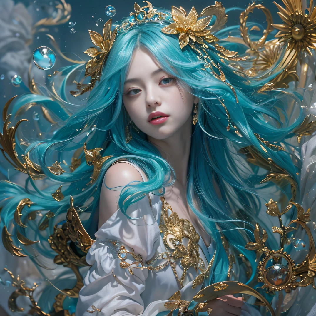 cyan colors,blue colors,enamel,agates,A flesh-colored world,Blood Blue Maiden 32K(tmasterpiece,k hd,Aoyama Pond,hyper HD,32K)Long flowing bright blue hair,blood pond,zydink, a color,Grumpy (Post-halo), (Linen scarf), Combat posture, looking at the ground, long whitr hair, Floating bright blue, Fire cloud pattern gold tiara, Chinese long-sleeved gold silk burgundy garment, (Abstract metaverse splash:1.2), white backgrounid,Peony flower vitality protector(realisticlying:1.4),Bright purple hair,Smoke on the road,The background is pure, A high resolution, the detail, RAW photogr, Sharp Re, Nikon D850 Film Stock Photo by Jefferies Lee 4 Kodak Portra 400 Camera F1.6 shots, Rich colors, ultra-realistic vivid textures, Dramatic lighting, Unreal Engine Art Station Trend, cinestir 800,A girl with long flowing bright blue hair,Huge colorful bubbles