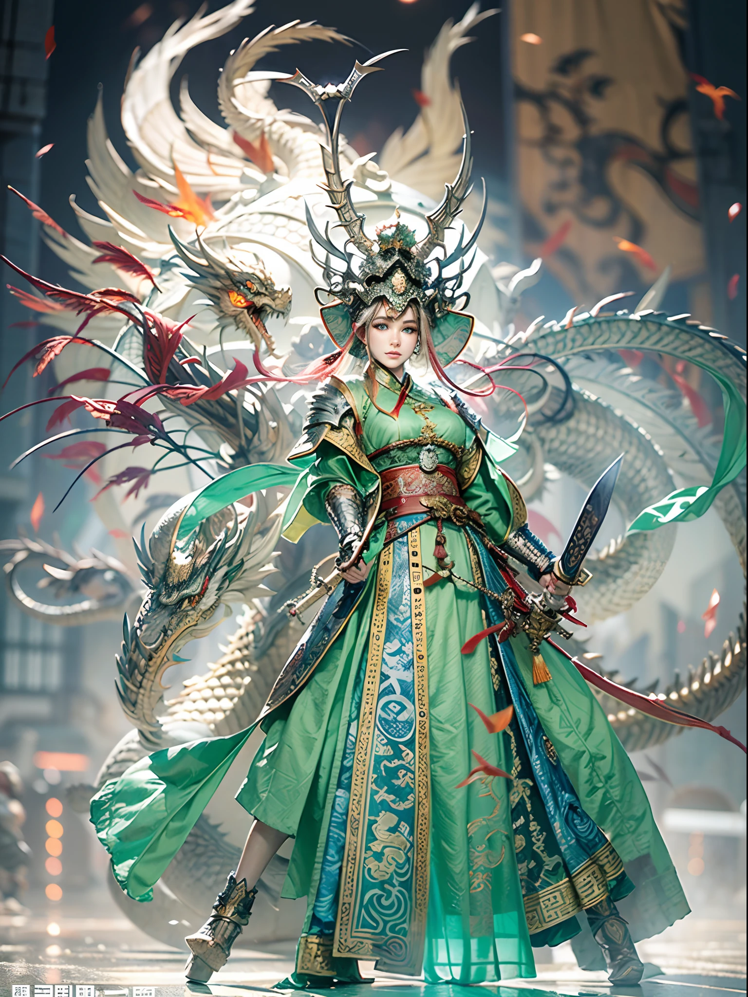 （fully body photo），1个Giant Breast Girl，Accurate and perfect Korean female face，anatomy correct，The body of the golden ratio，Delicate Chinese Ming dynasty lace dress armor，Armed belts，Made of shiny white and silver translucent glass and titanium， joyful expressions, Vibrant colors, battleground background,Ashes fall, The fire burst into the sky，Bright sunlight，Delicate ancient helmet on the head：1.2，blue color eyes：1.2，(holding a longsword，Take defensive action)，(Behind him stands a transparent Chinese dragon)，Oriental elements，Dreamy glow，（globalillumination，Ray traching，hdr，The rendering is not realistic，Rational design，high detal，tmasterpiece，best qualtiy，hyper HD，cinmatic lighting)