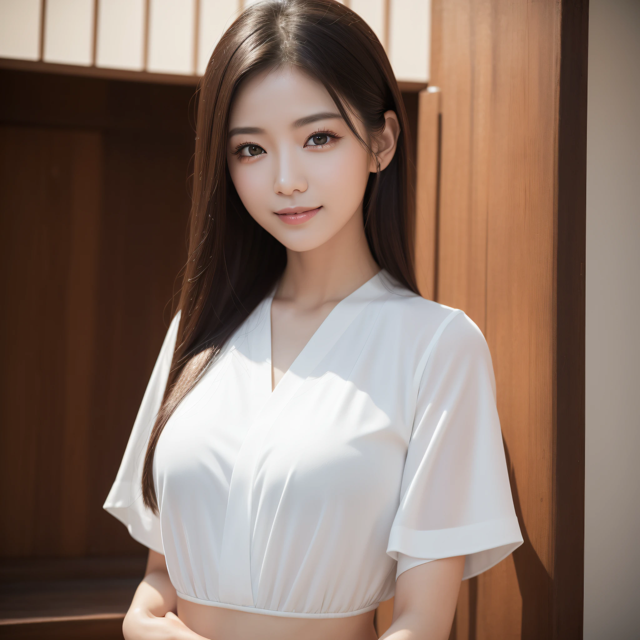 One lady、((best qualtiy、8k masterpieces:1.3))、foco nítido:1.2、(ultra beautiful faces:1.0)、(shinny skin:1.0)、photos realistic、A dark-haired、Video Lighting、High-definition eyes and face、Video Lighting、Top Idol Actress、from the front side、medium breasts、Smile、Slender Abs Beauty、Whole body、wearing kimonos、At the shrine in the early morning