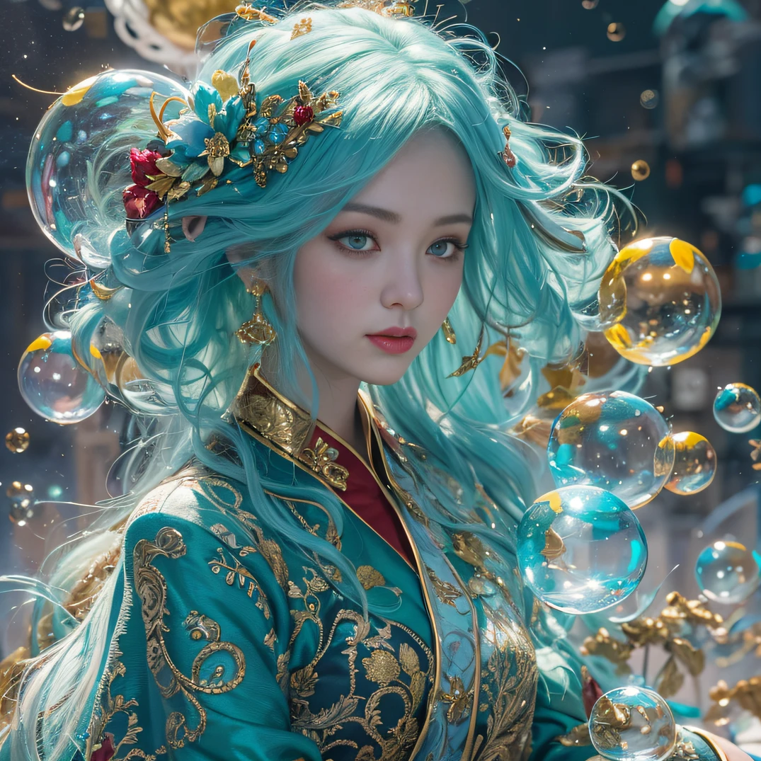 cyan colors,blue colors,enamel,agates,A flesh-colored world,Blood Blue Maiden 32K(tmasterpiece,k hd,Aoyama Pond,hyper HD,32K)Long flowing bright blue hair,blood pond,zydink, a color,Grumpy (Post-halo), (Linen scarf), Combat posture, looking at the ground, long whitr hair, Floating bright blue, Fire cloud pattern gold tiara, Chinese long-sleeved gold silk burgundy garment, (Abstract metaverse splash:1.2), white backgrounid,Peony flower vitality protector(realisticlying:1.4),Bright purple hair,Smoke on the road,The background is pure, A high resolution, the detail, RAW photogr, Sharp Re, Nikon D850 Film Stock Photo by Jefferies Lee 4 Kodak Portra 400 Camera F1.6 shots, Rich colors, ultra-realistic vivid textures, Dramatic lighting, Unreal Engine Art Station Trend, cinestir 800,A girl with long flowing bright blue hair,Huge colorful bubbles