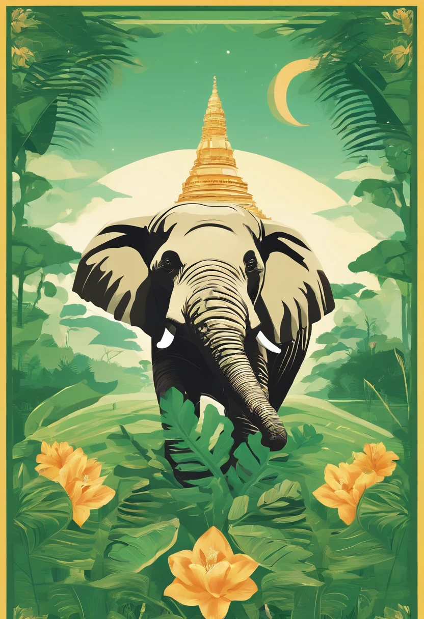 Earth Day poster,flatillustration,Super cute elephant on green spherical globe,Thai construction golden tower,Banana leaves,Blue-gray elephant,the trees,florals,scenecy,blue colors,green color,amarelo,simple backgound,Center composition,vivd colour,lightand shade contrast,hyper-high detail,4K,flatillustration
