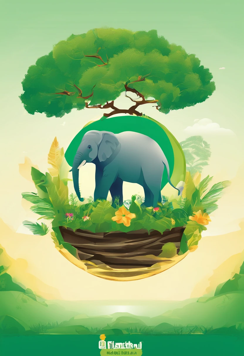 Earth Day poster，flatillustration，Super cute elephant on green spherical globe，Thai construction golden tower，Banana leaves，Blue-gray elephant，the trees，florals，scenecy，blue colors，green color，amarelo，simple backgound，Center composition，vivd colour，lightand shade contrast，hyper-high detail，4K，flatillustration